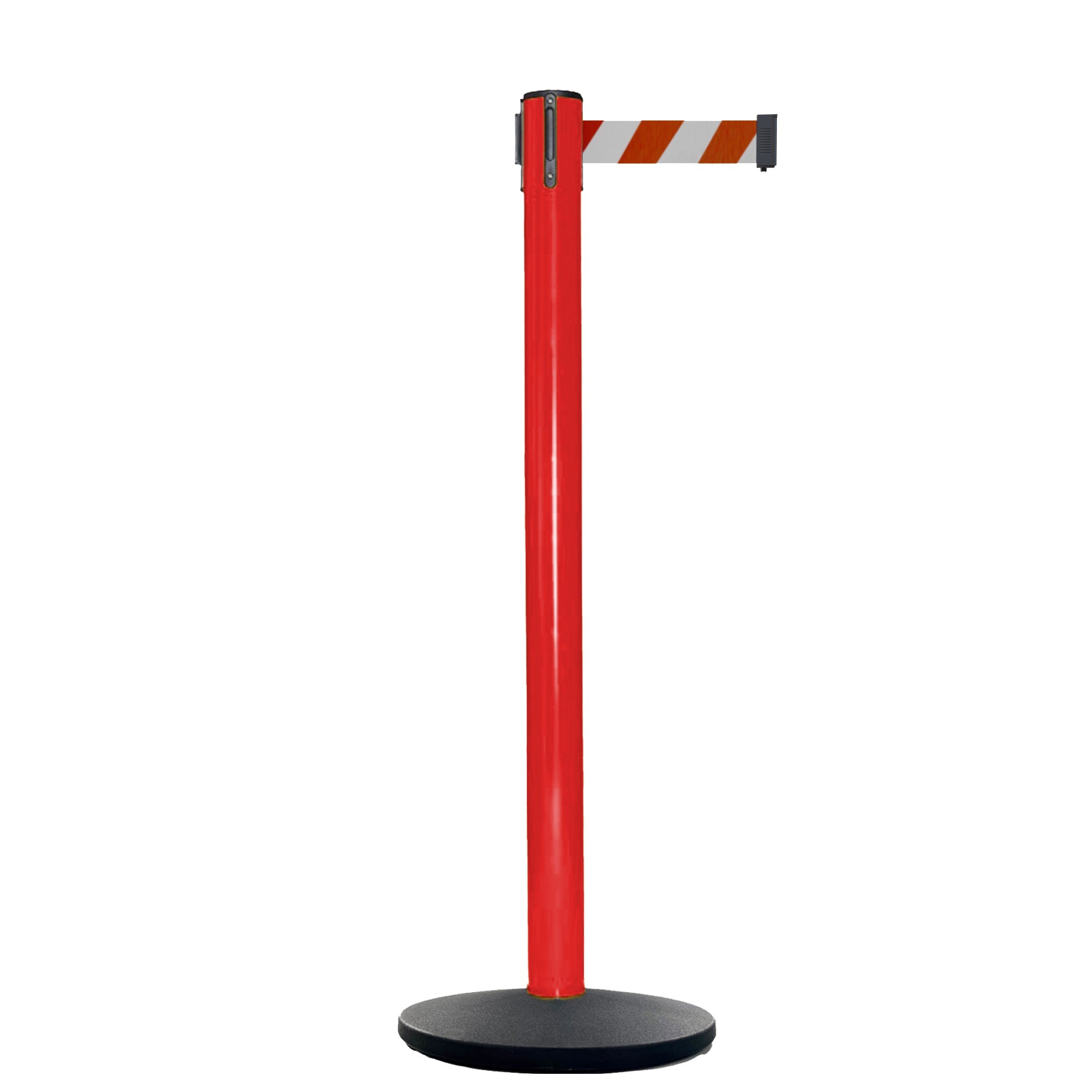 Retractable Belt Barrier Stanchion, Red Post, Cast Iron Base, 13 Ft. Belt - Montour Line MSI630 - Crowd Control Warehouse