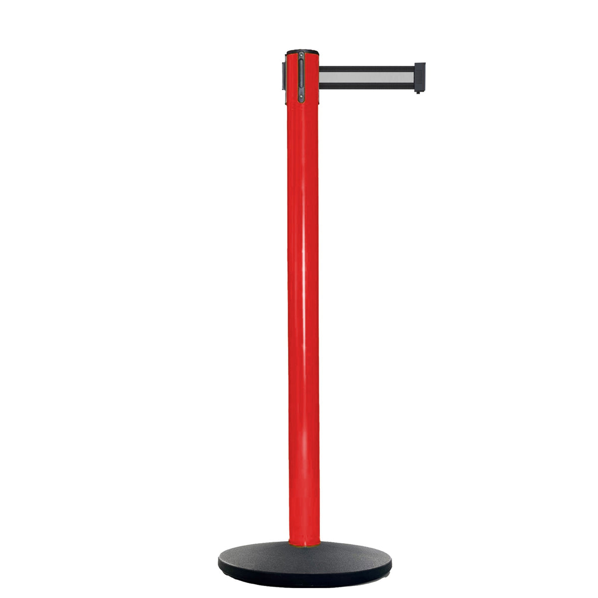 Retractable Belt Barrier Stanchion, Red Post, Cast Iron Base, 13 Ft. Belt - Montour Line MSI630 - Crowd Control Warehouse