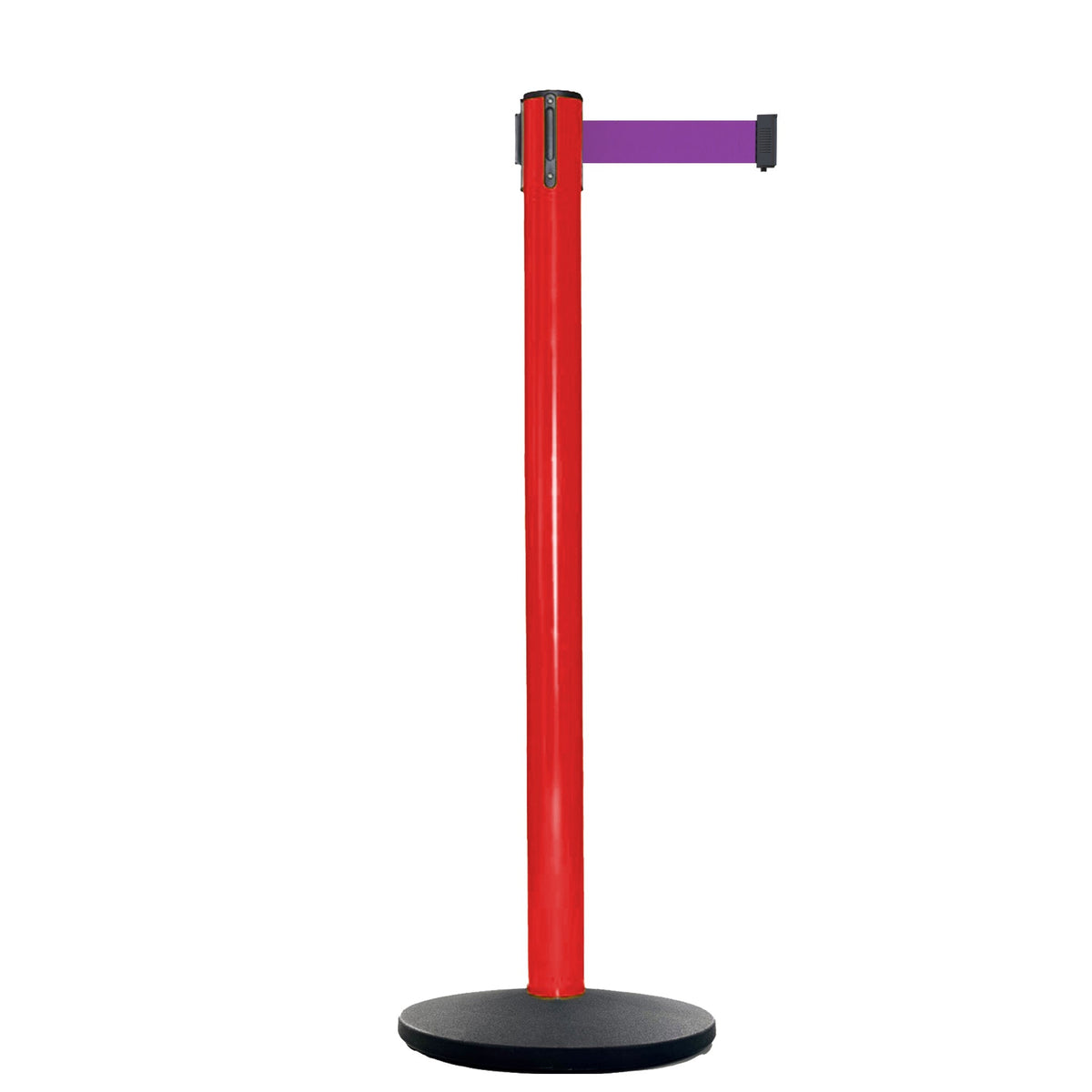 Retractable Belt Barrier Stanchion, Red Post, Cast Iron Base, 13 Ft. Belt - Montour Line MSI630 - Crowd Control Warehouse