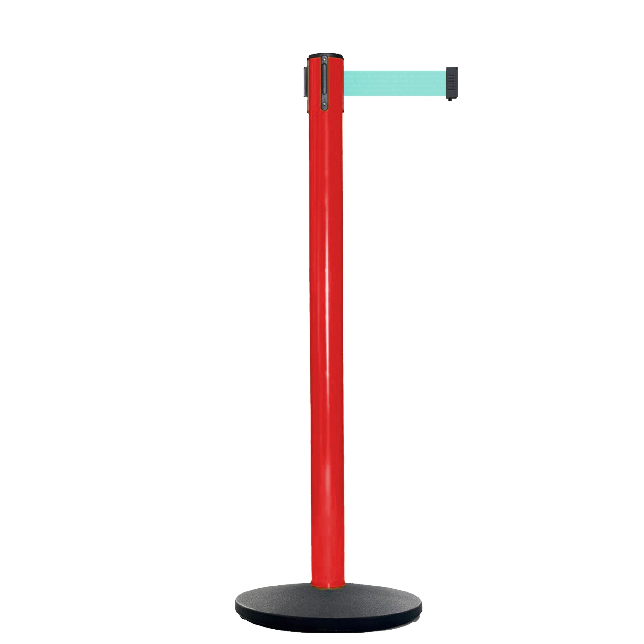 Retractable Belt Barrier Stanchion, Red Post, Cast Iron Base, 13 Ft. Belt - Montour Line MSI630 - Crowd Control Warehouse