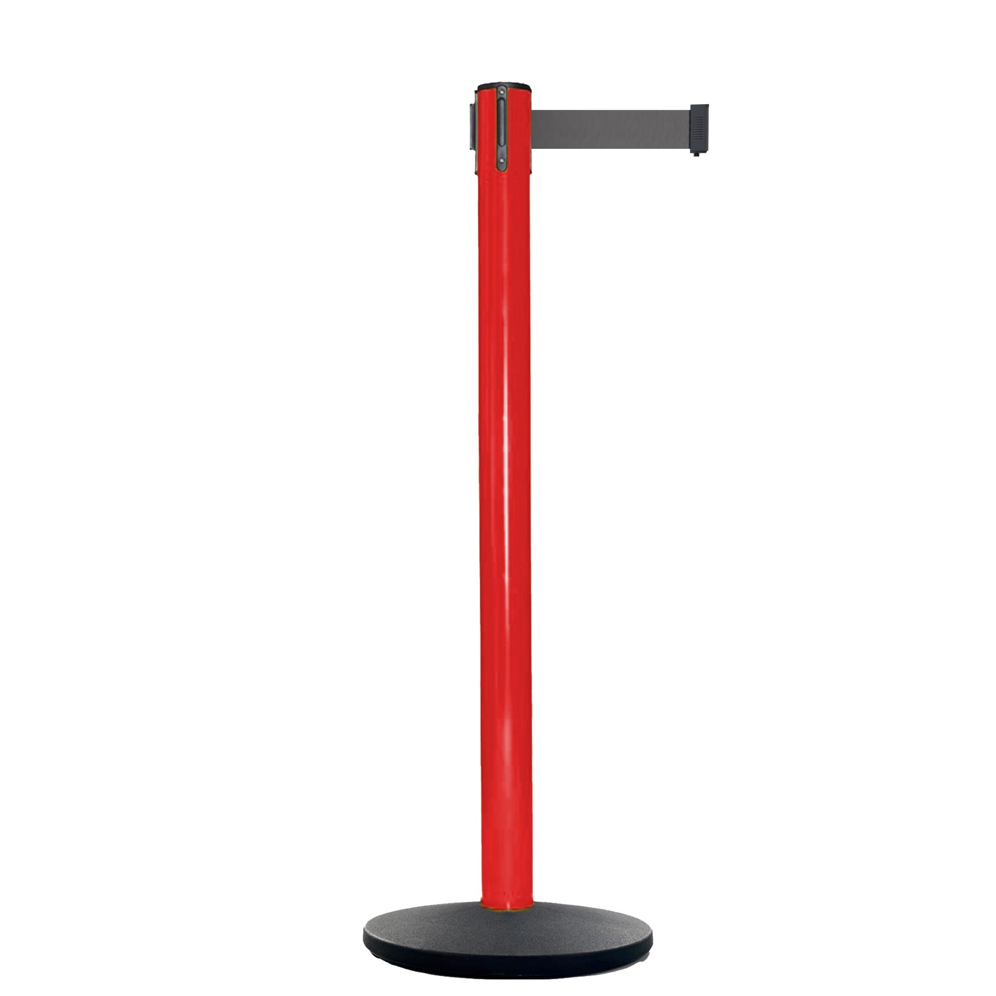 Retractable Belt Barrier Stanchion, Red Post, Cast Iron Base, 13 Ft. Belt - Montour Line MSI630 - Crowd Control Warehouse