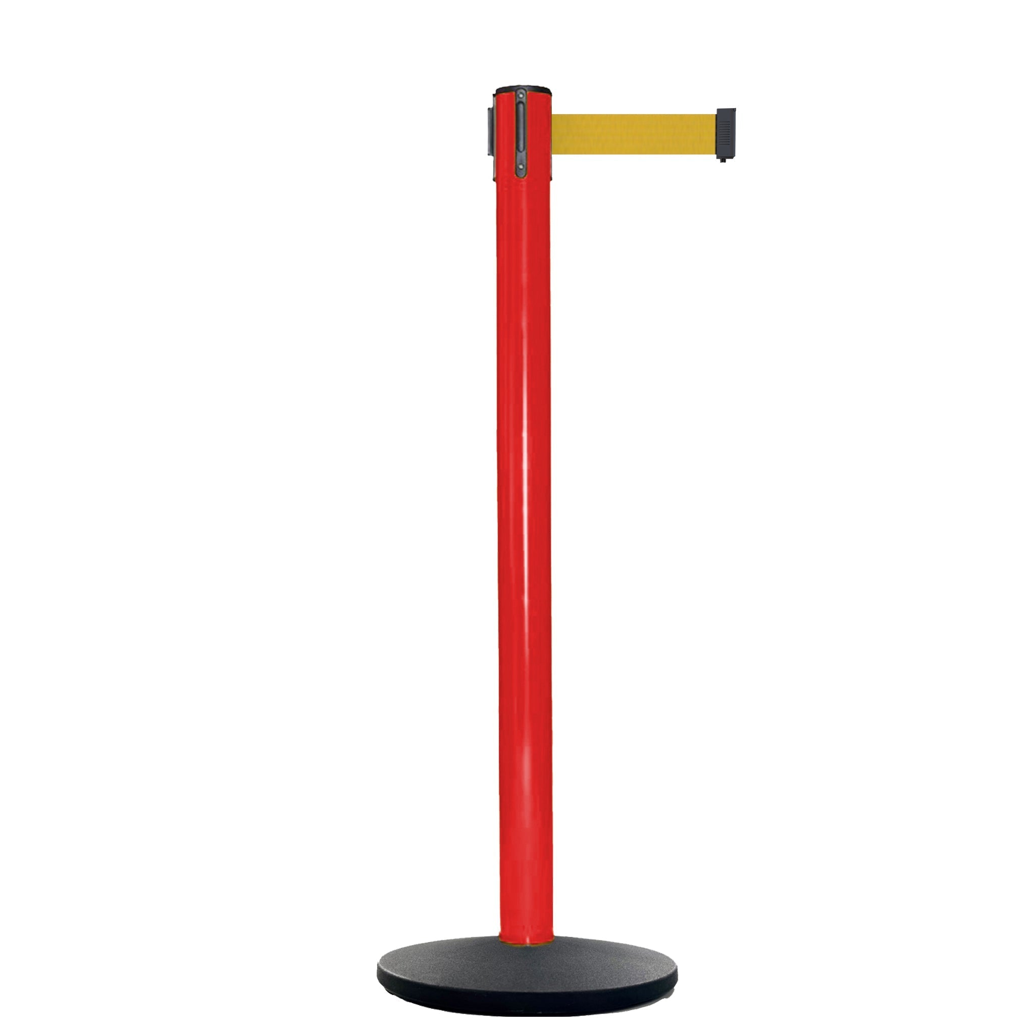 Retractable Belt Barrier Stanchion, Red Post, Cast Iron Base, 13 Ft. Belt - Montour Line MSI630 - Crowd Control Warehouse
