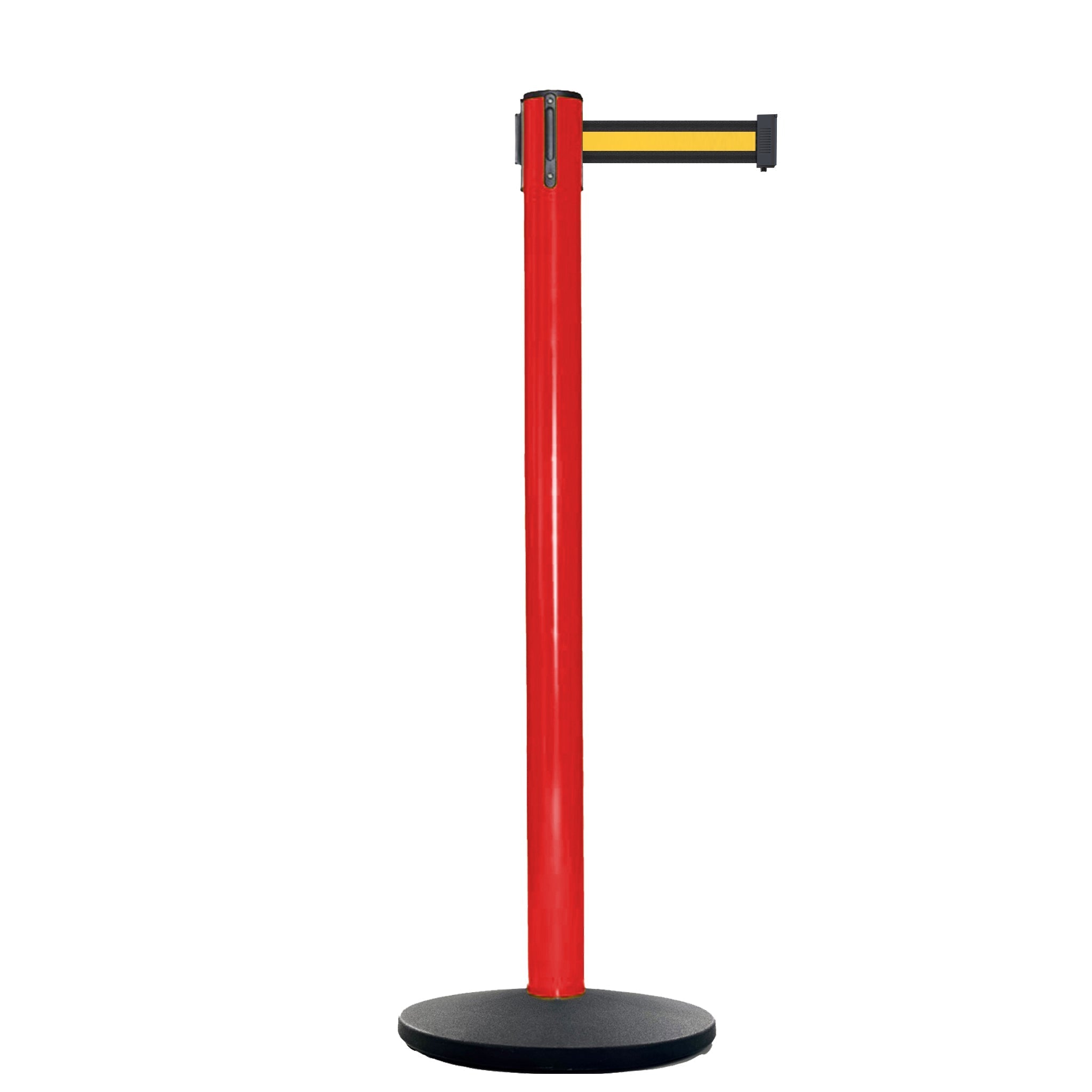 Retractable Belt Barrier Stanchion, Red Post, Cast Iron Base, 13 Ft. Belt - Montour Line MSI630 - Crowd Control Warehouse