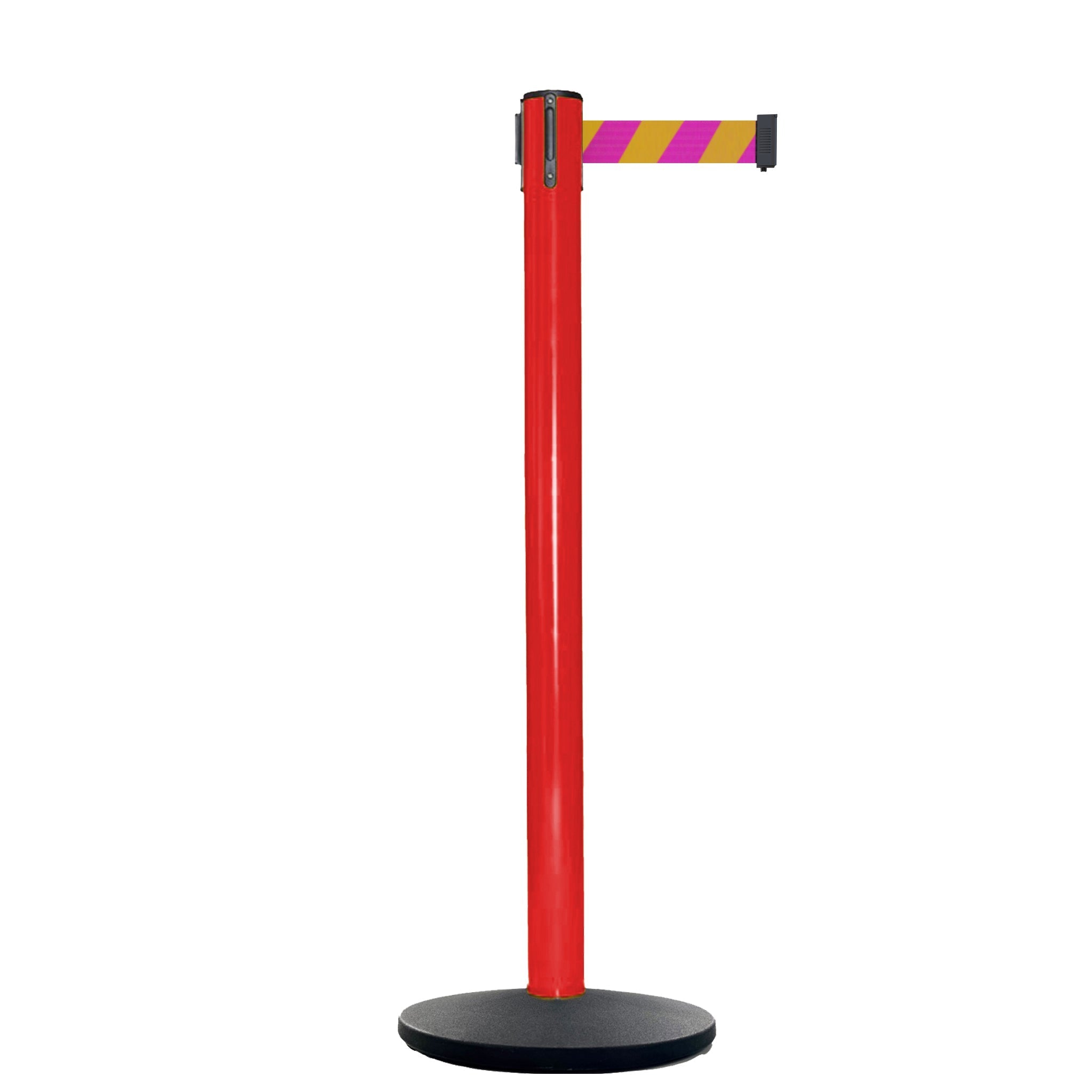 Retractable Belt Barrier Stanchion, Red Post, Cast Iron Base, 13 Ft. Belt - Montour Line MSI630 - Crowd Control Warehouse