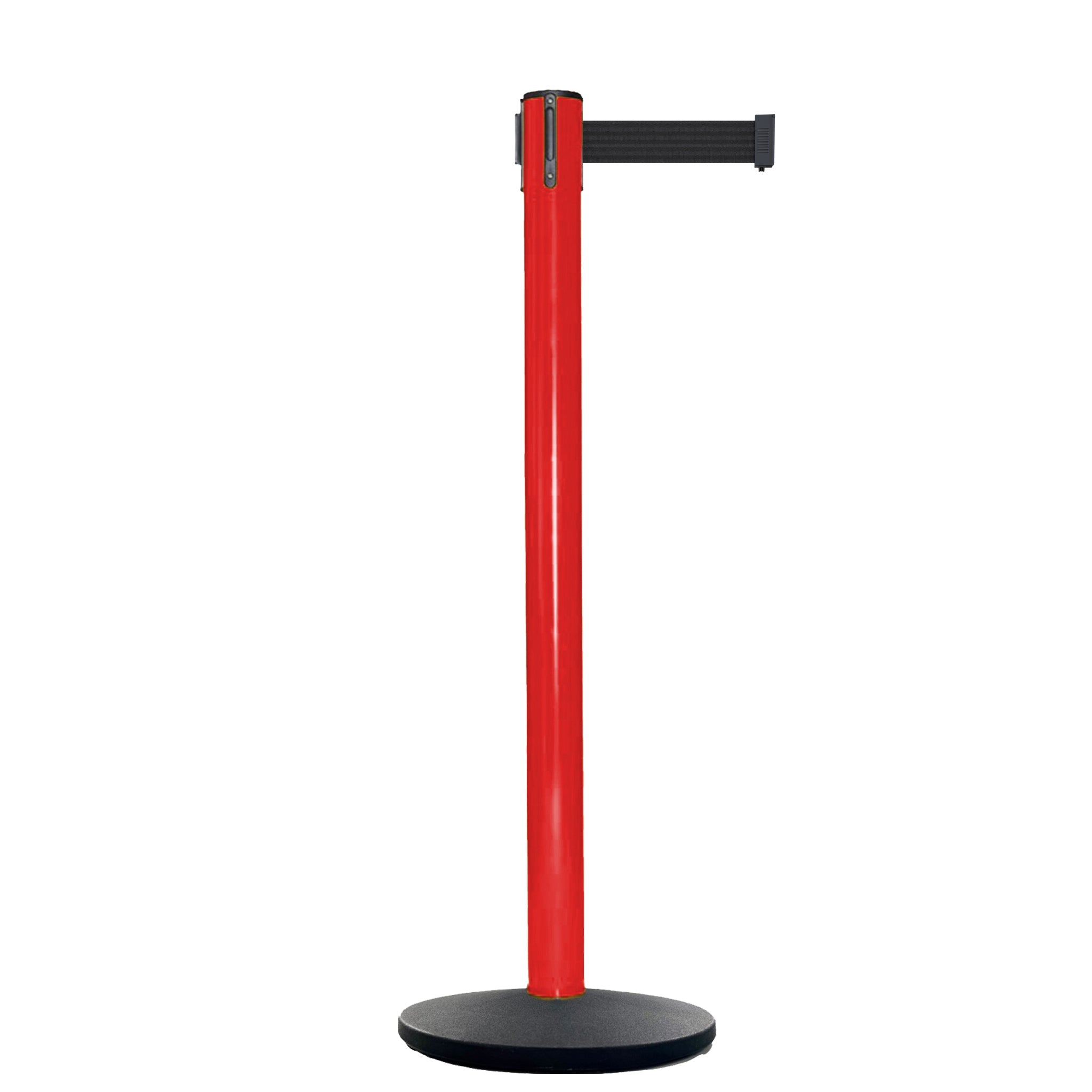 Retractable Belt Barrier Stanchion, Red Post, Cast Iron Base, 13 Ft. Belt - Montour Line MSI630 - Crowd Control Warehouse