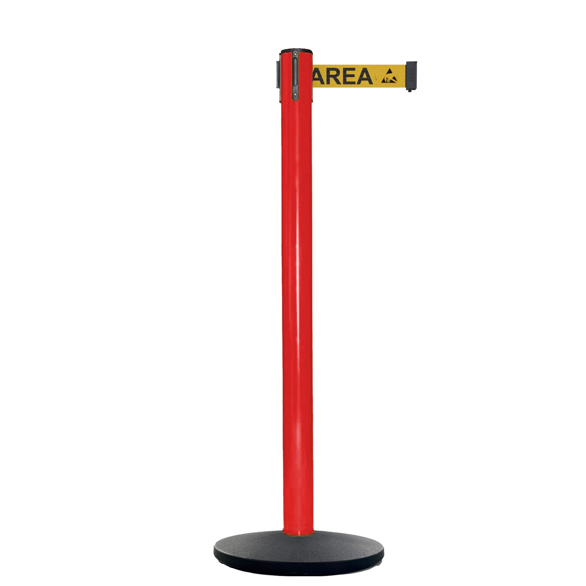 Retractable Belt Barrier Stanchion, Red Post, Cast Iron Base, 13 Ft. Belt - Montour Line MSI630 - Crowd Control Warehouse