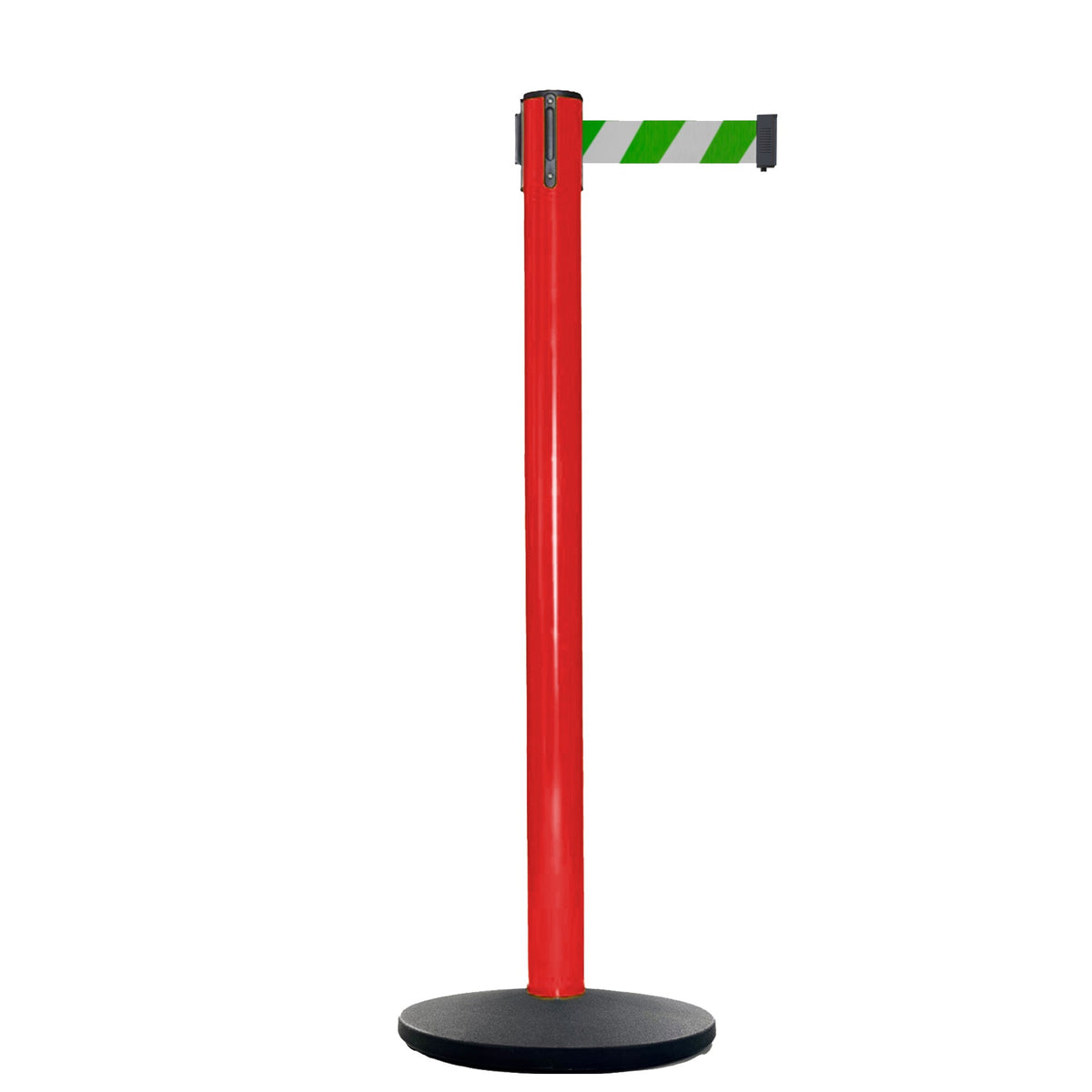 Retractable Belt Barrier Stanchion, Red Post, Cast Iron Base, 13 Ft. Belt - Montour Line MSI630 - Crowd Control Warehouse