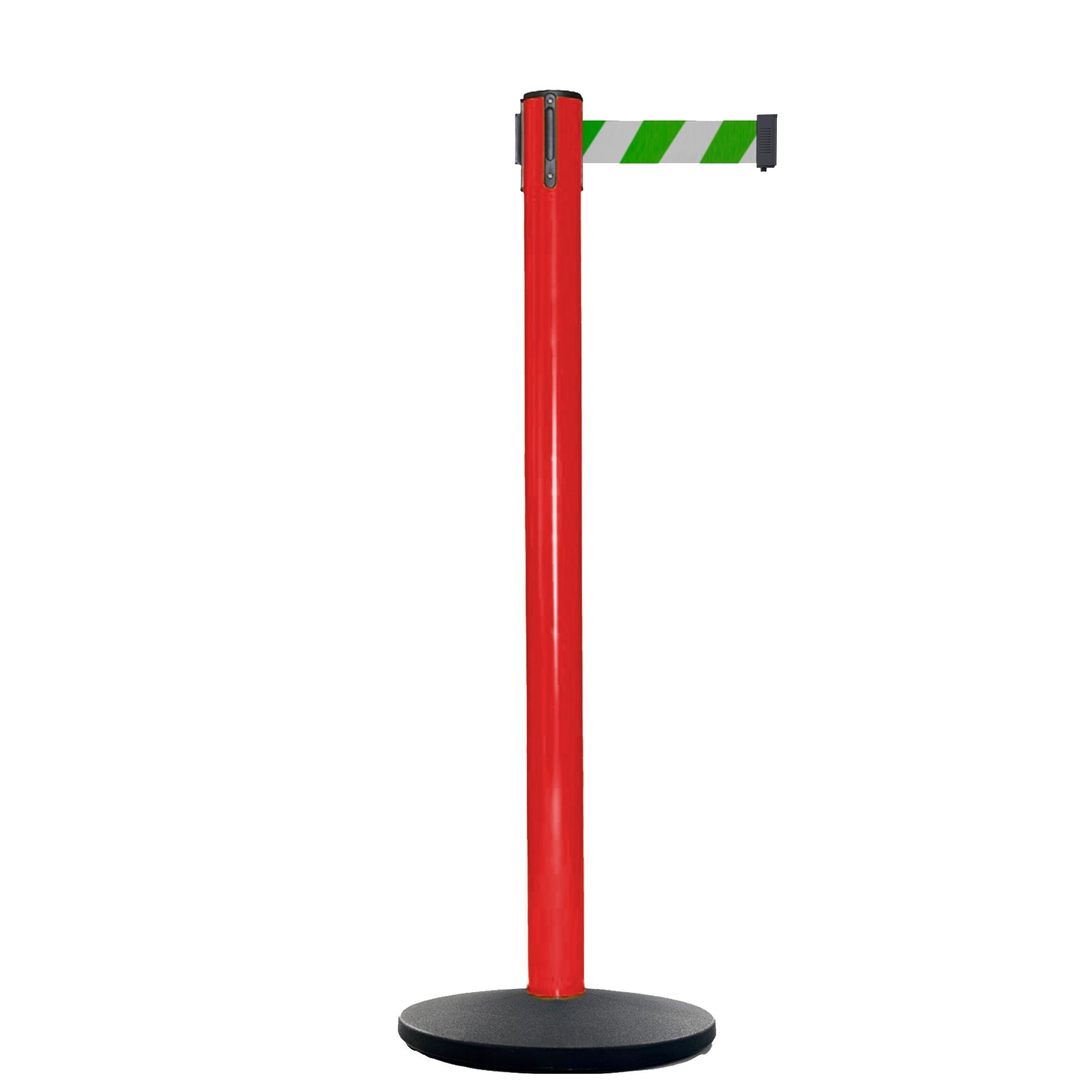 Retractable Belt Barrier Stanchion, Red Post, Cast Iron Base, 13 Ft. Belt - Montour Line MSI630 - Crowd Control Warehouse
