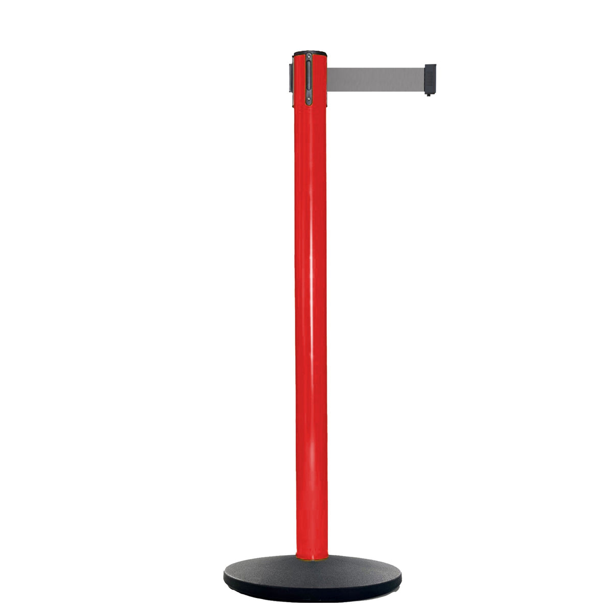 Retractable Belt Barrier Stanchion, Red Post, Cast Iron Base, 13 Ft. Belt - Montour Line MSI630 - Crowd Control Warehouse