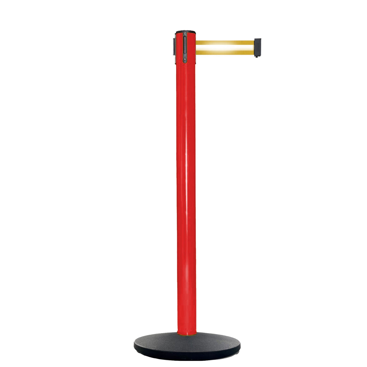 Retractable Belt Barrier Stanchion, Red Post, Cast Iron Base, 13 Ft. Belt - Montour Line MSI630 - Crowd Control Warehouse