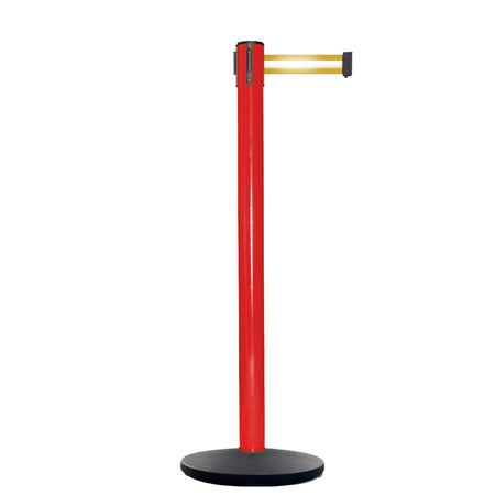 Retractable Belt Barrier Stanchion, Red Post, Cast Iron Base, 13 Ft. Belt - Montour Line MSI630 - Crowd Control Warehouse