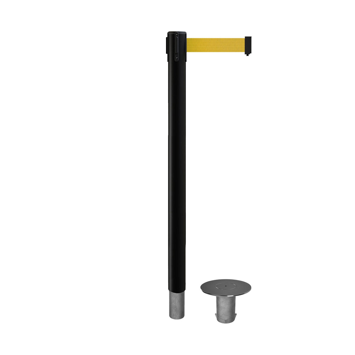 Retractable Belt Barrier Stanchion, Removable Base, Black Post, 11 Ft. Belt - Montour Line MX630R - Crowd Control Warehouse
