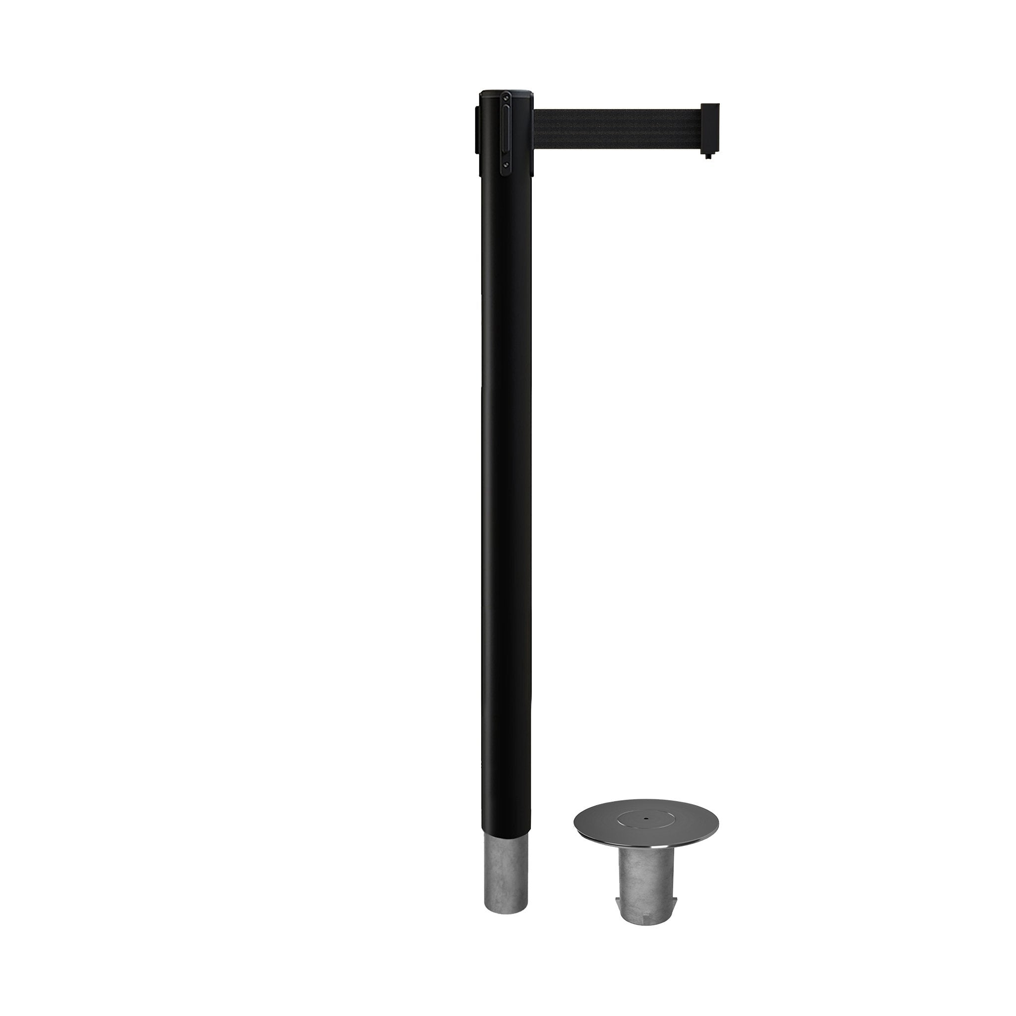 Retractable Belt Barrier Stanchion, Removable Base, Black Post, 11 Ft. Belt - Montour Line MX630R - Crowd Control Warehouse