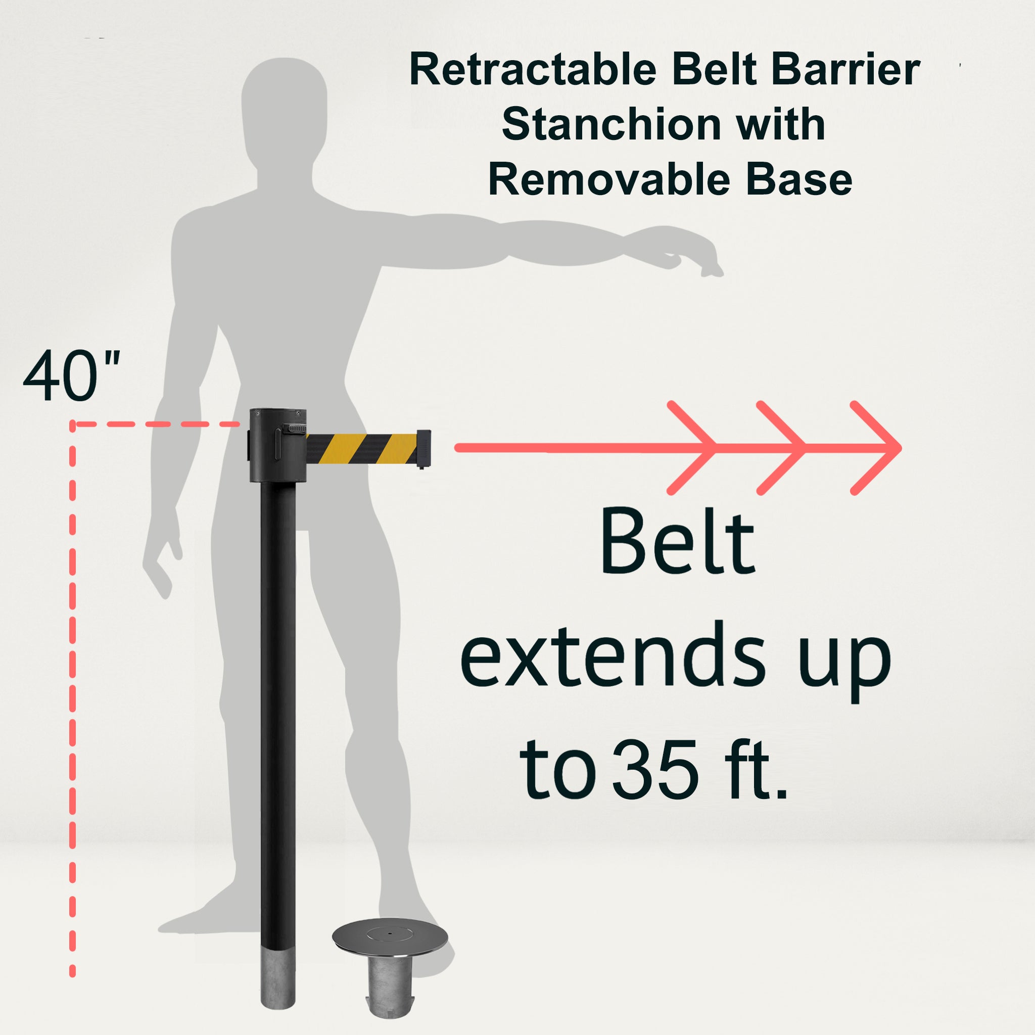 Retractable Belt Barrier Stanchion, Removable Base, Black Powder Coated Post, 35 ft Belt - Montour Line MX760R - Crowd Control Warehouse