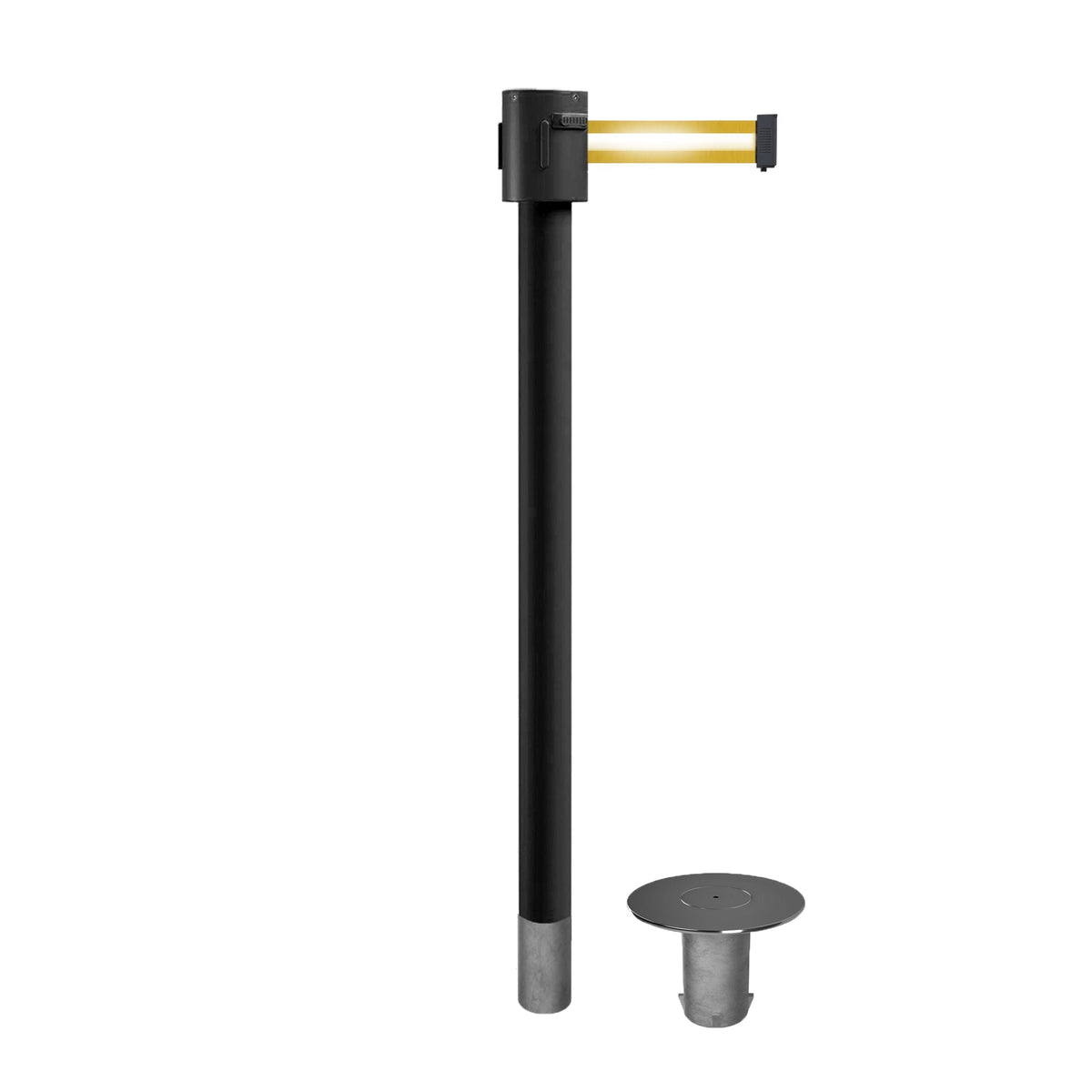 Retractable Belt Barrier Stanchion, Removable Base, Black Powder Coated Post, 35 ft Belt - Montour Line MX760R - Crowd Control Warehouse