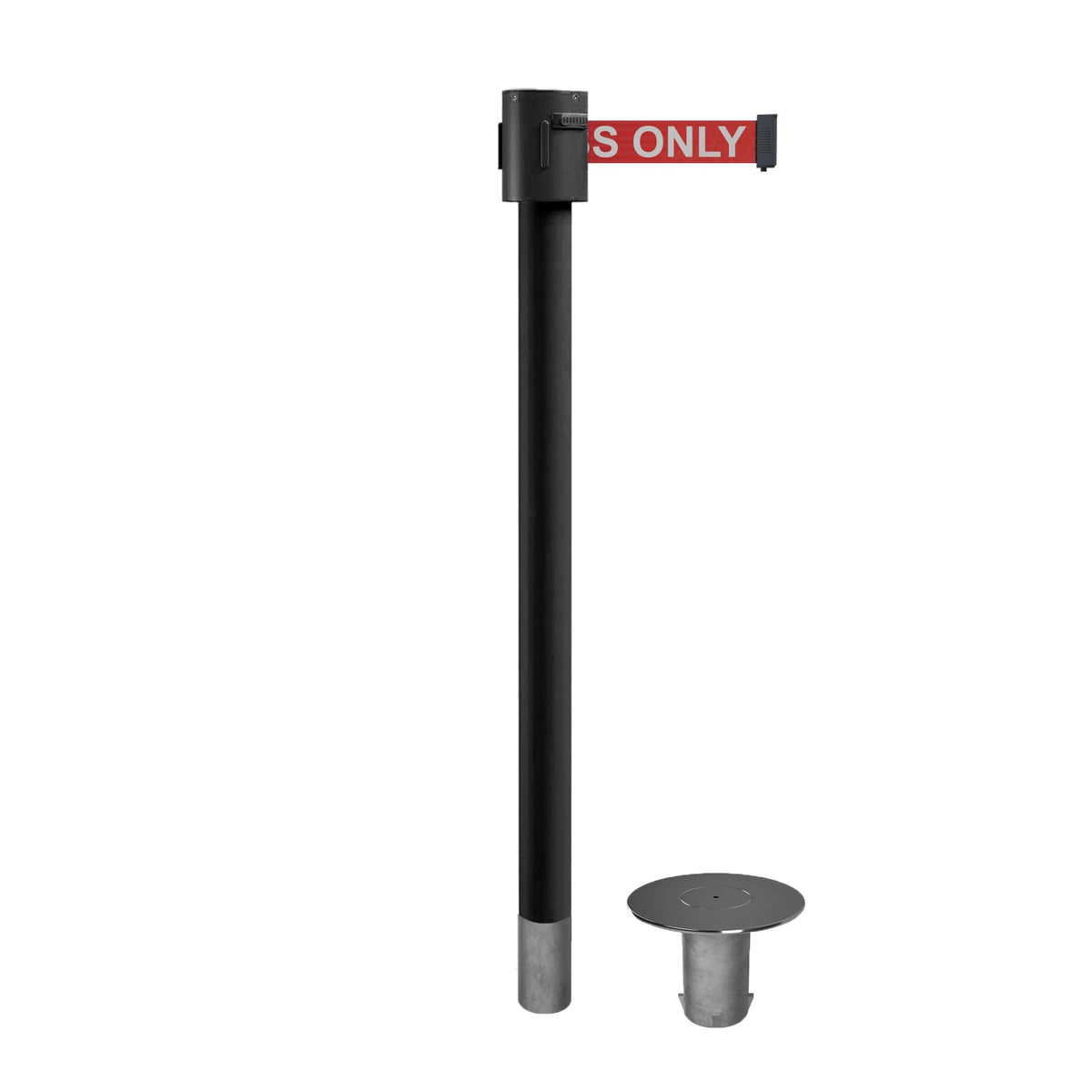 Retractable Belt Barrier Stanchion, Removable Base, Black Powder Coated Post, 35 ft Belt - Montour Line MX760R - Crowd Control Warehouse