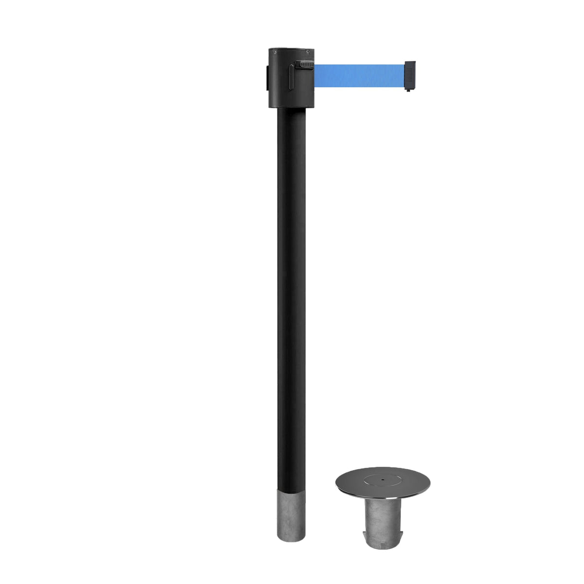 Retractable Belt Barrier Stanchion, Removable Base, Black Powder Coated Post, 35 ft Belt - Montour Line MX760R - Crowd Control Warehouse