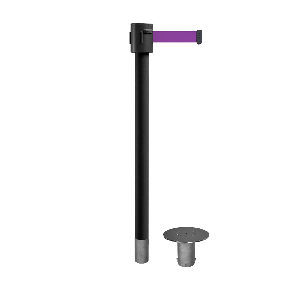 Retractable Belt Barrier Stanchion, Removable Base, Black Powder Coated Post, 35 ft Belt - Montour Line MX760R - Crowd Control Warehouse