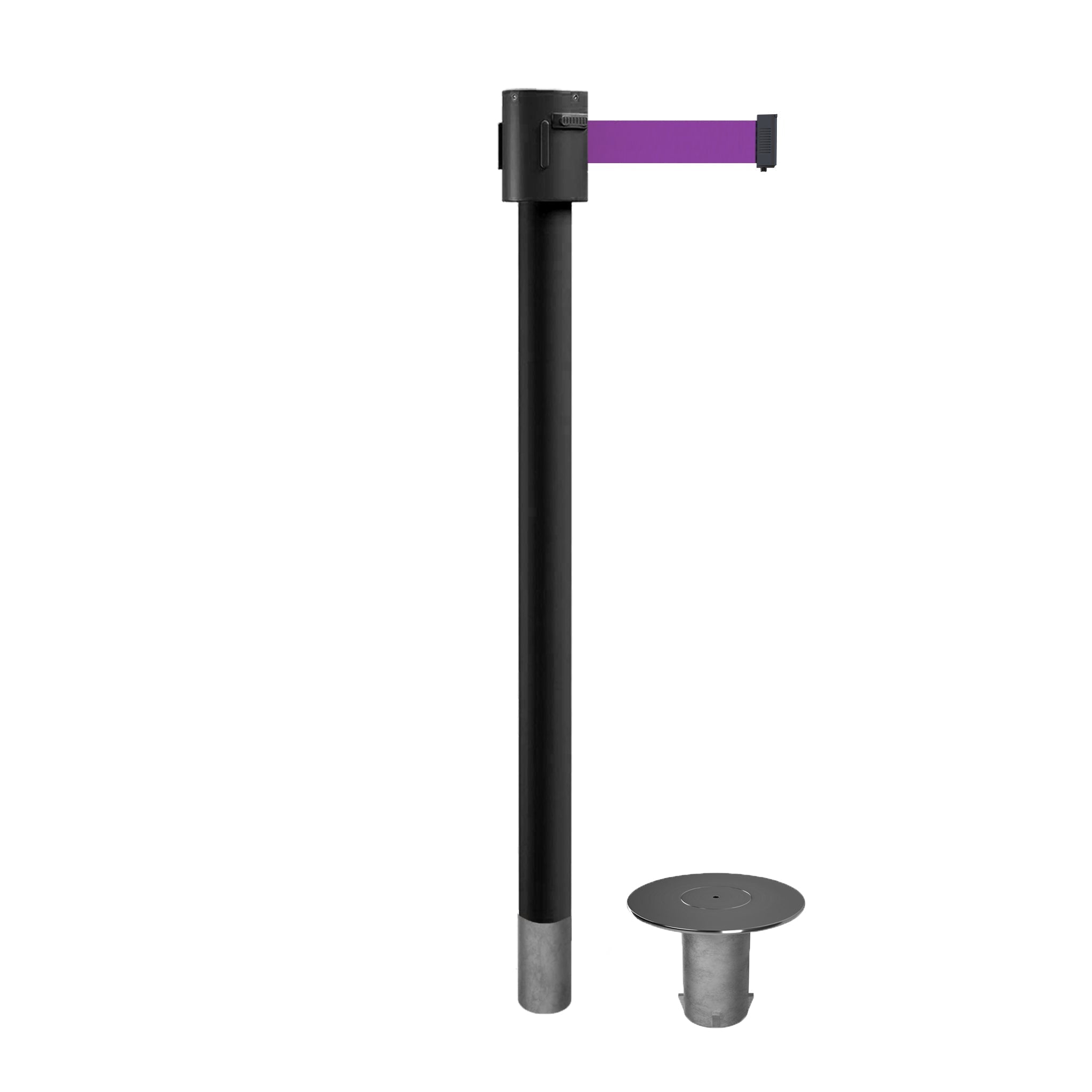 Retractable Belt Barrier Stanchion, Removable Base, Black Powder Coated Post, 35 ft Belt - Montour Line MX760R - Crowd Control Warehouse