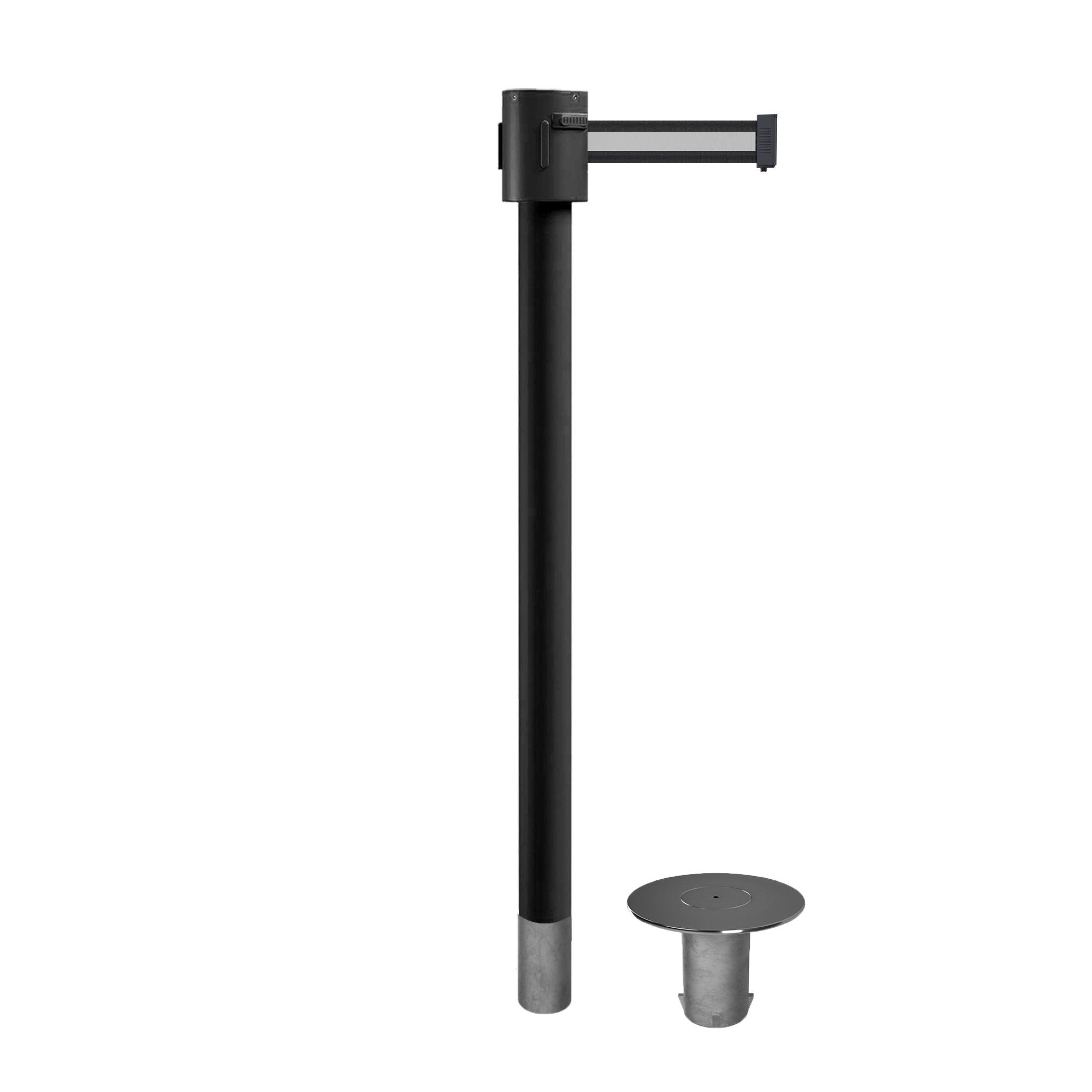 Retractable Belt Barrier Stanchion, Removable Base, Black Powder Coated Post, 35 ft Belt - Montour Line MX760R - Crowd Control Warehouse