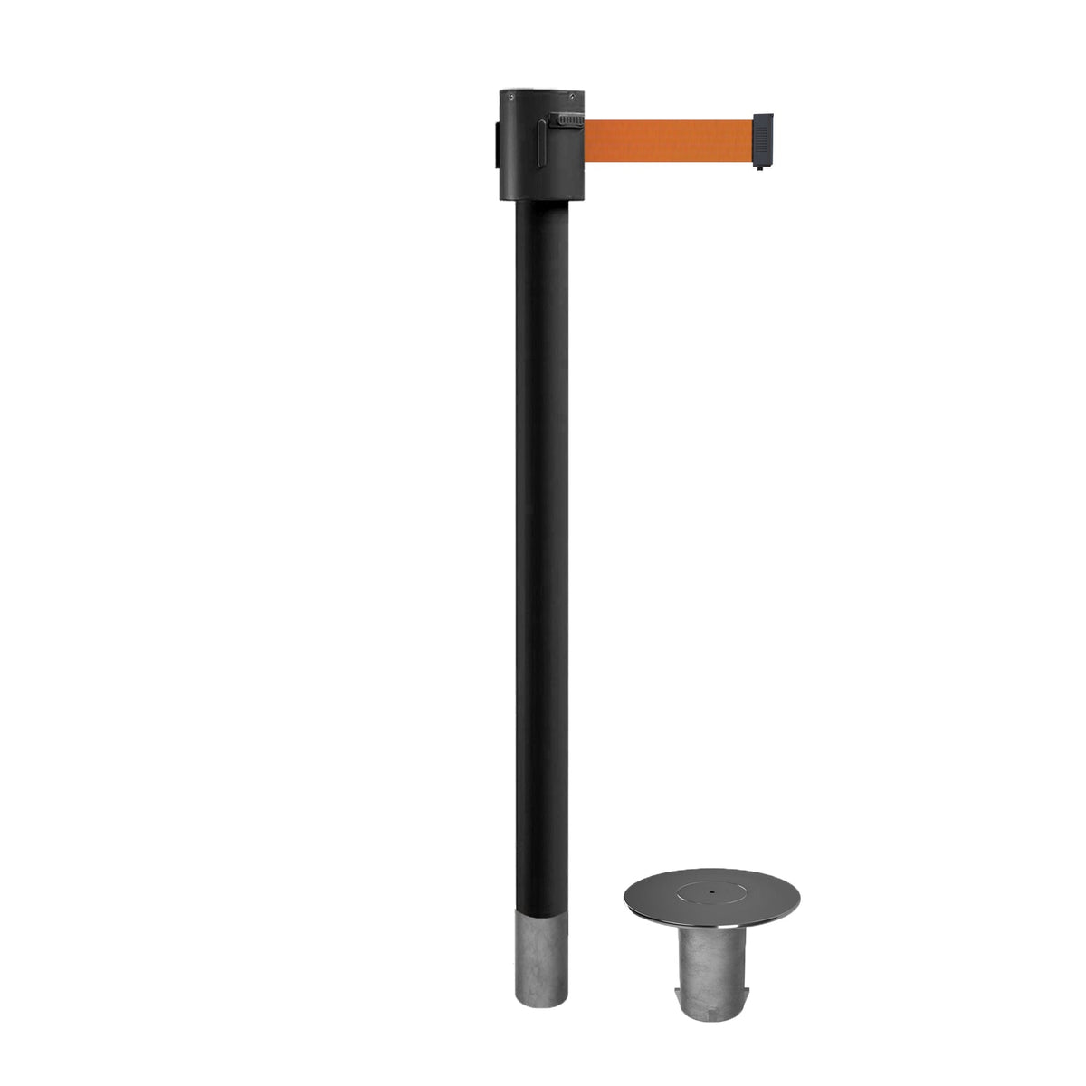 Retractable Belt Barrier Stanchion, Removable Base, Black Powder Coated Post, 35 ft Belt - Montour Line MX760R - Crowd Control Warehouse