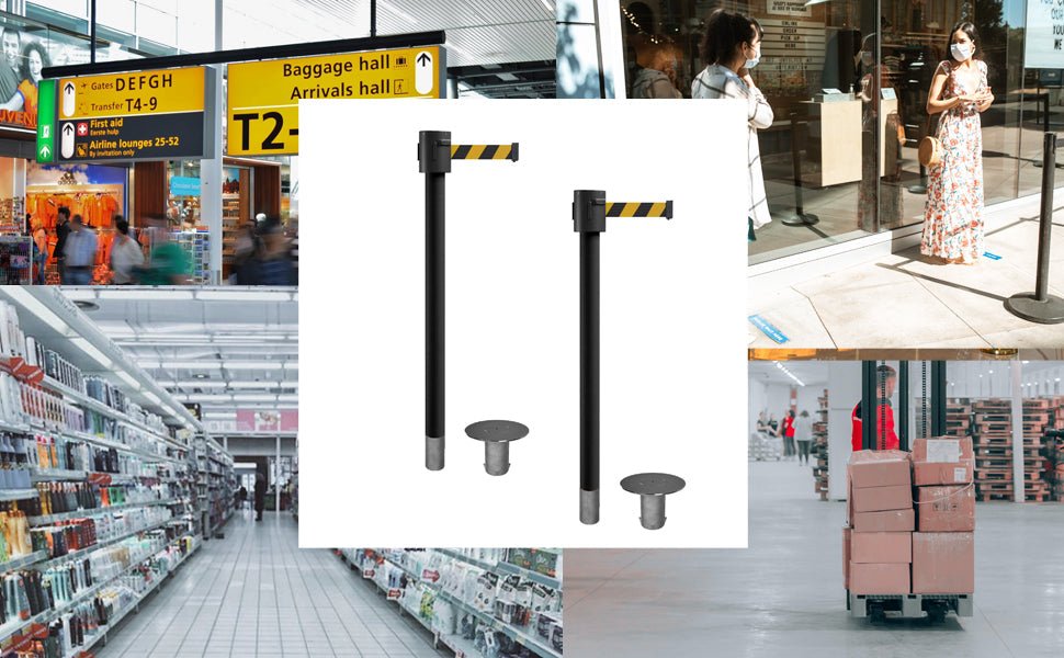 Retractable Belt Barrier Stanchion, Removable Base, Black Powder Coated Post, 35 ft Belt - Montour Line MX760R - Crowd Control Warehouse