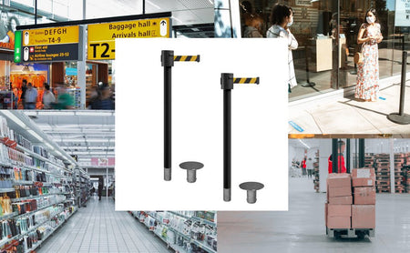 Retractable Belt Barrier Stanchion, Removable Base, Black Powder Coated Post, 35 ft Belt - Montour Line MX760R - Crowd Control Warehouse