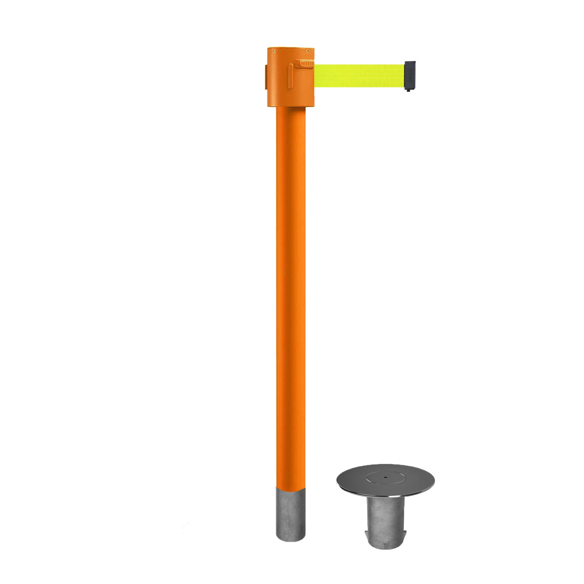 Retractable Belt Barrier Stanchion, Removable Base, Orange Post, 35 ft Belt - Montour Line MSX760R - Crowd Control Warehouse