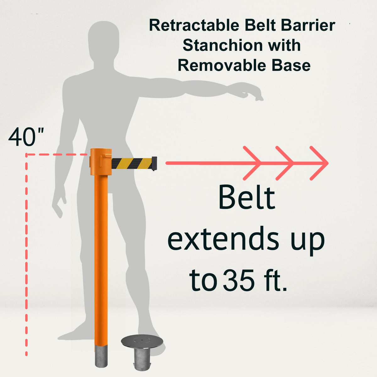 Retractable Belt Barrier Stanchion, Removable Base, Orange Post, 35 ft Belt - Montour Line MSX760R - Crowd Control Warehouse