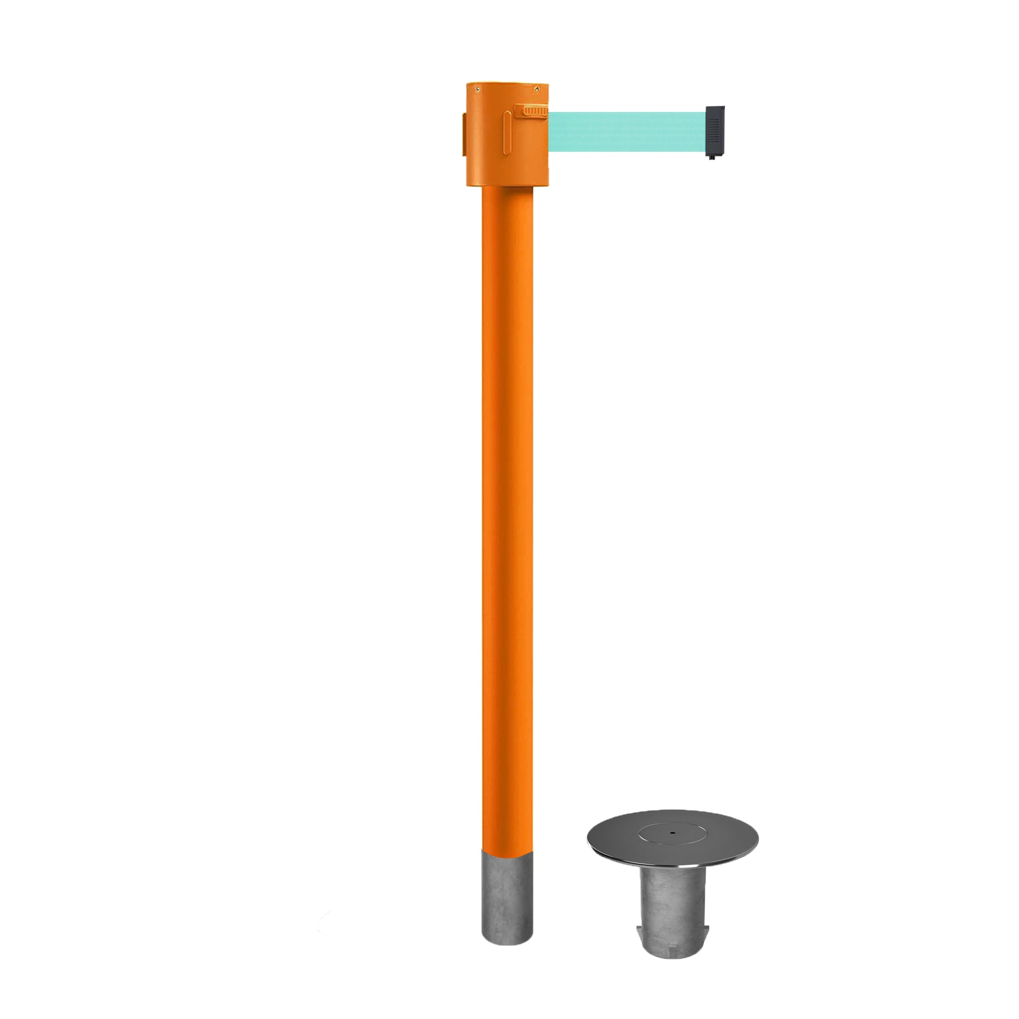 Retractable Belt Barrier Stanchion, Removable Base, Orange Post, 35 ft Belt - Montour Line MSX760R - Crowd Control Warehouse