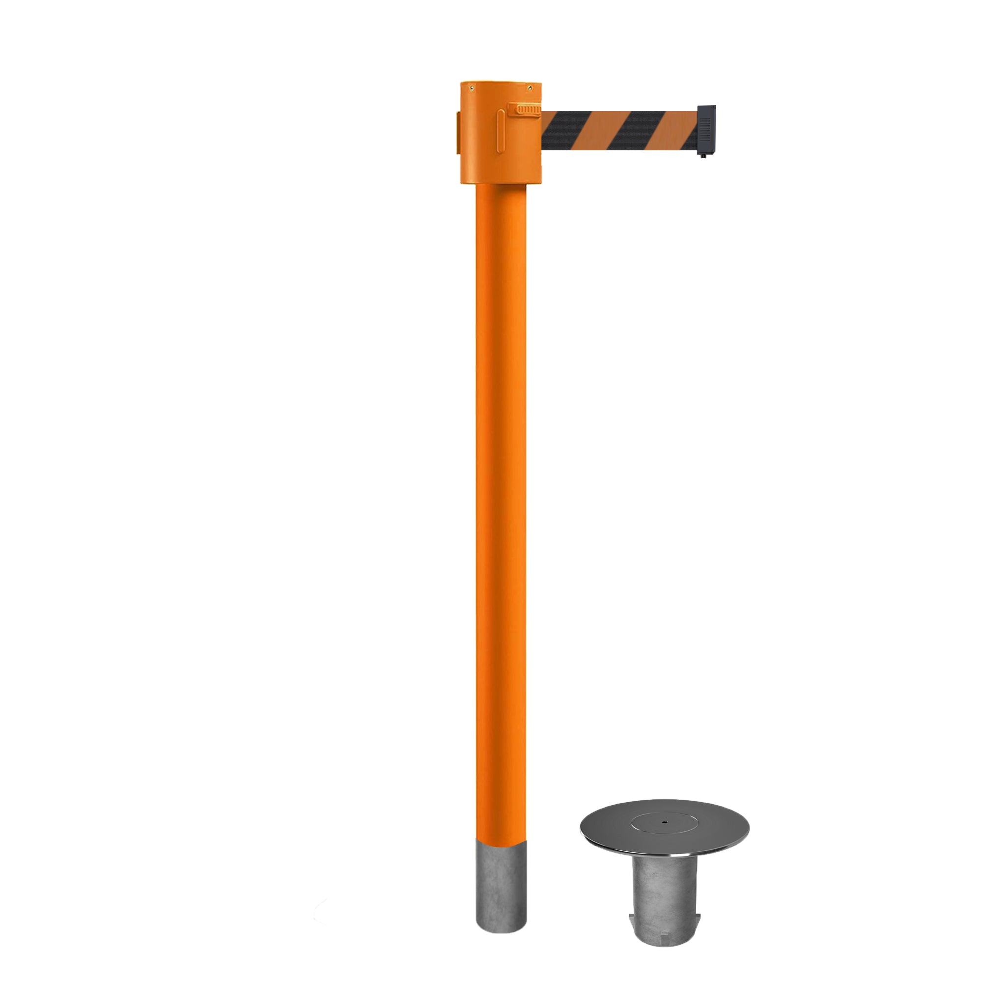 Retractable Belt Barrier Stanchion, Removable Base, Orange Post, 35 ft Belt - Montour Line MSX760R - Crowd Control Warehouse