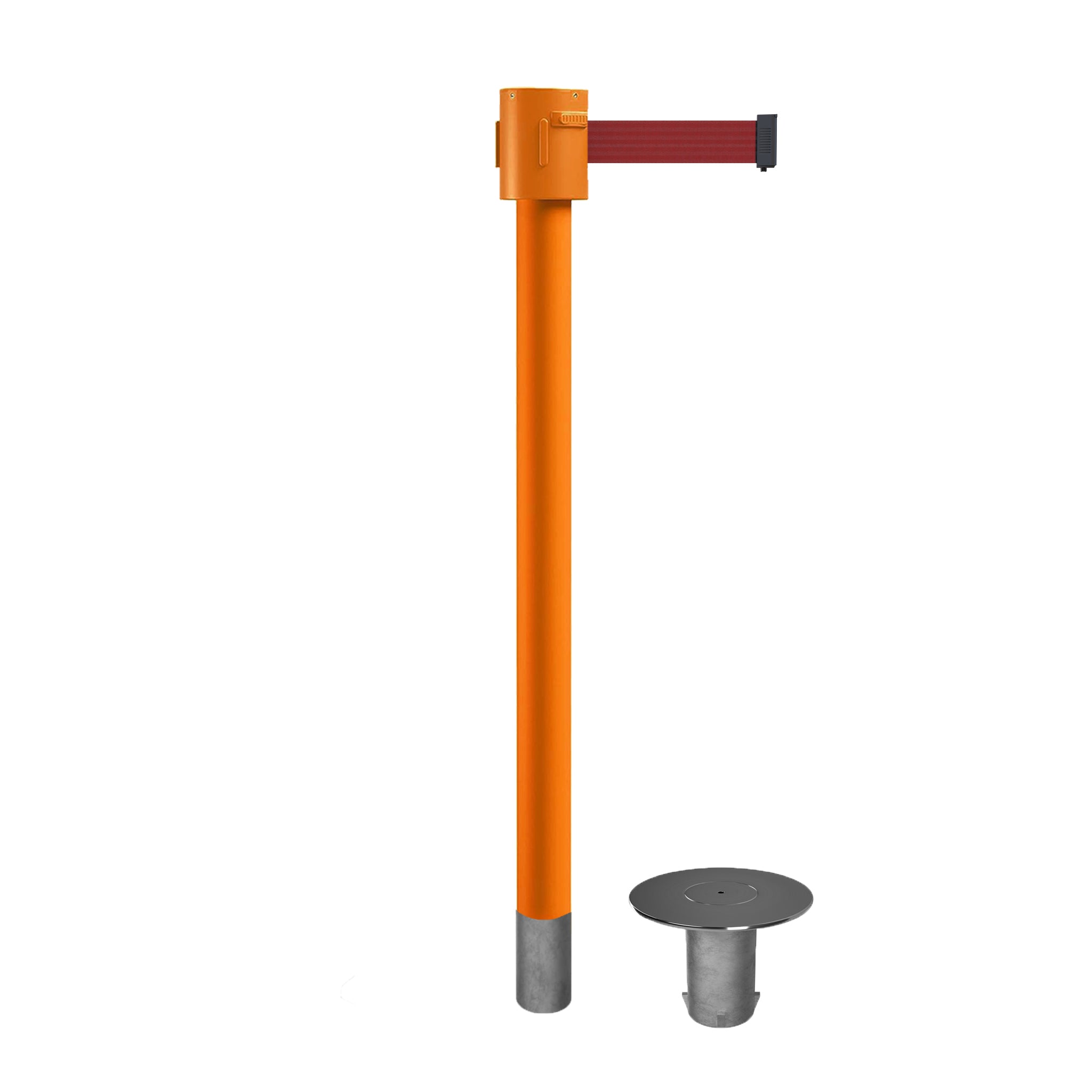 Retractable Belt Barrier Stanchion, Removable Base, Orange Post, 35 ft Belt - Montour Line MSX760R - Crowd Control Warehouse