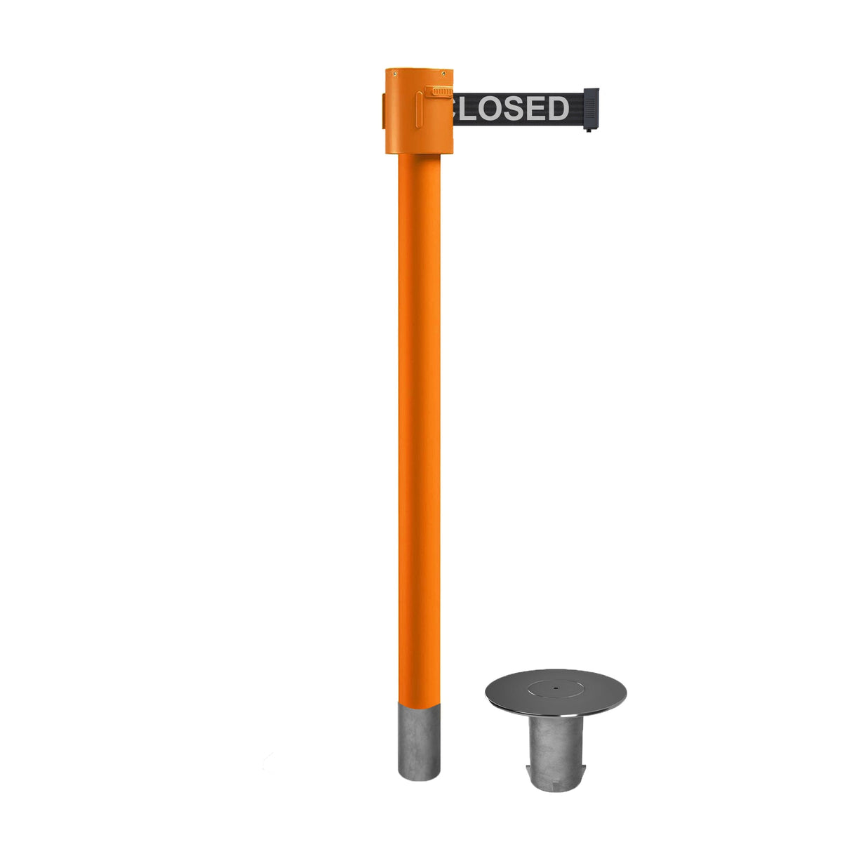 Retractable Belt Barrier Stanchion, Removable Base, Orange Post, 35 ft Belt - Montour Line MSX760R - Crowd Control Warehouse