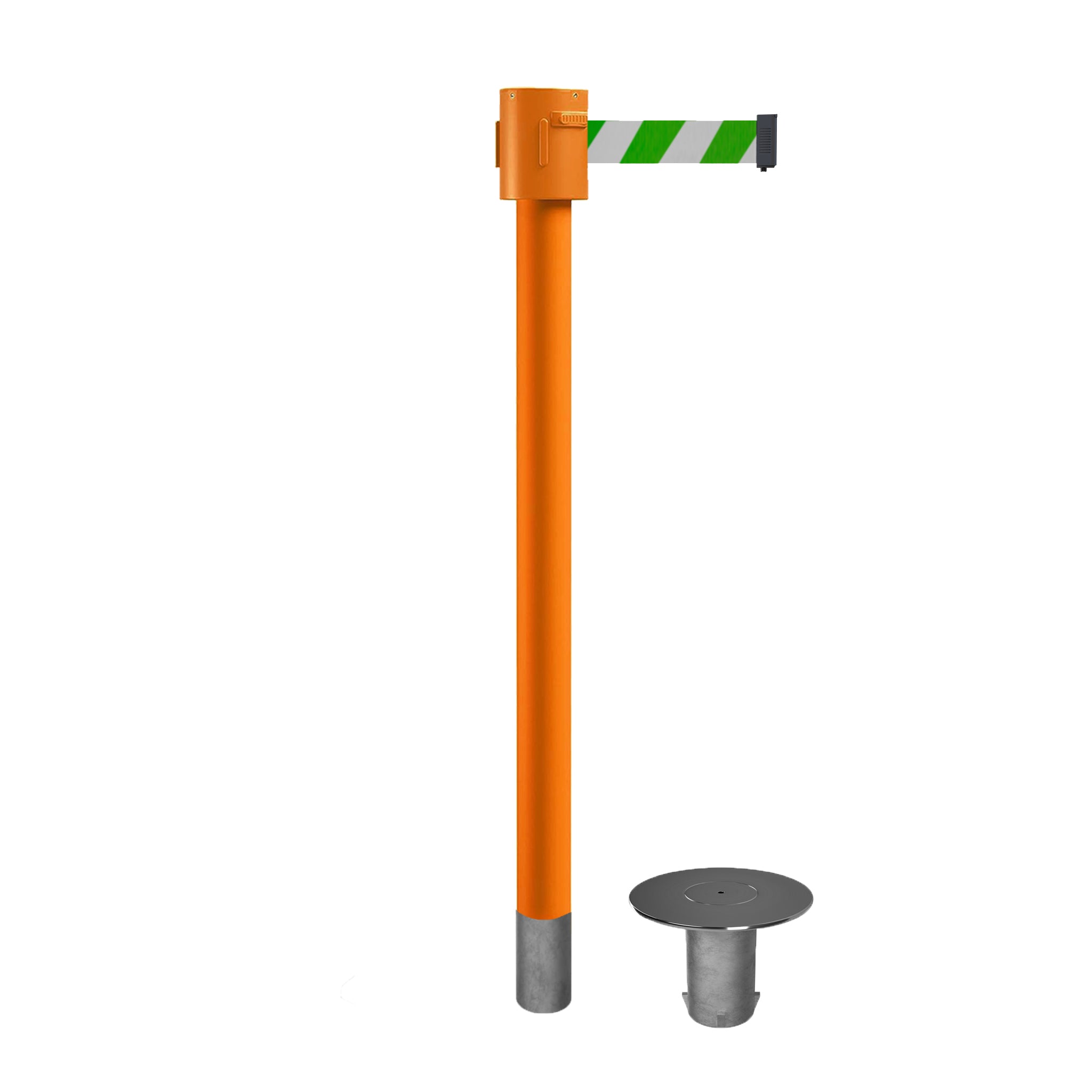 Retractable Belt Barrier Stanchion, Removable Base, Orange Post, 35 ft Belt - Montour Line MSX760R - Crowd Control Warehouse