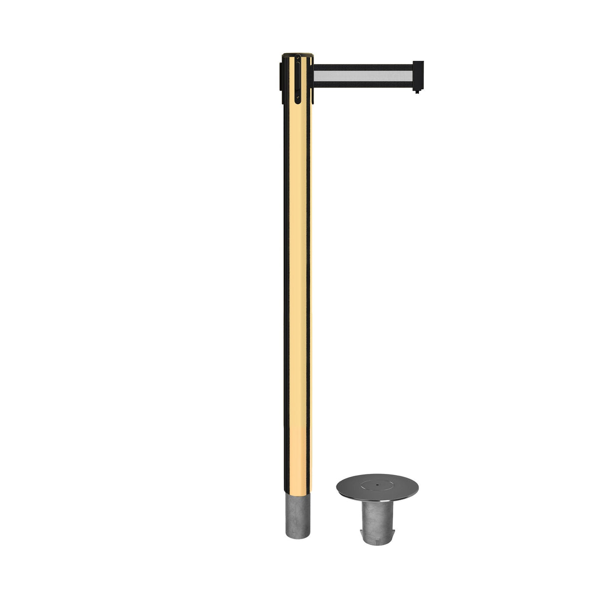 Retractable Belt Barrier Stanchion, Removable Base, Polished Brass Post, 11 Ft. Belt - Montour Line MX630R - Crowd Control Warehouse
