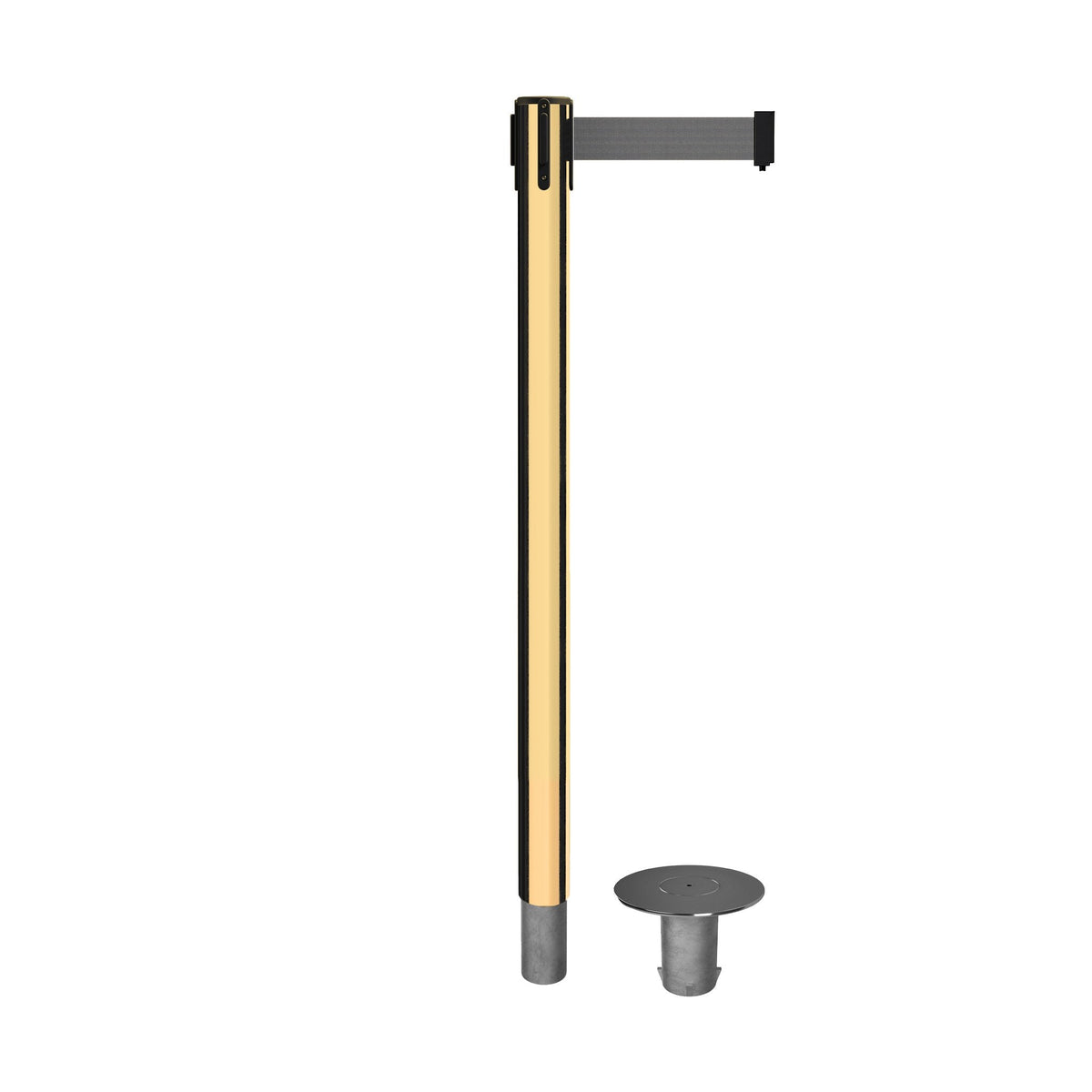 Retractable Belt Barrier Stanchion, Removable Base, Polished Brass Post, 11 Ft. Belt - Montour Line MX630R - Crowd Control Warehouse