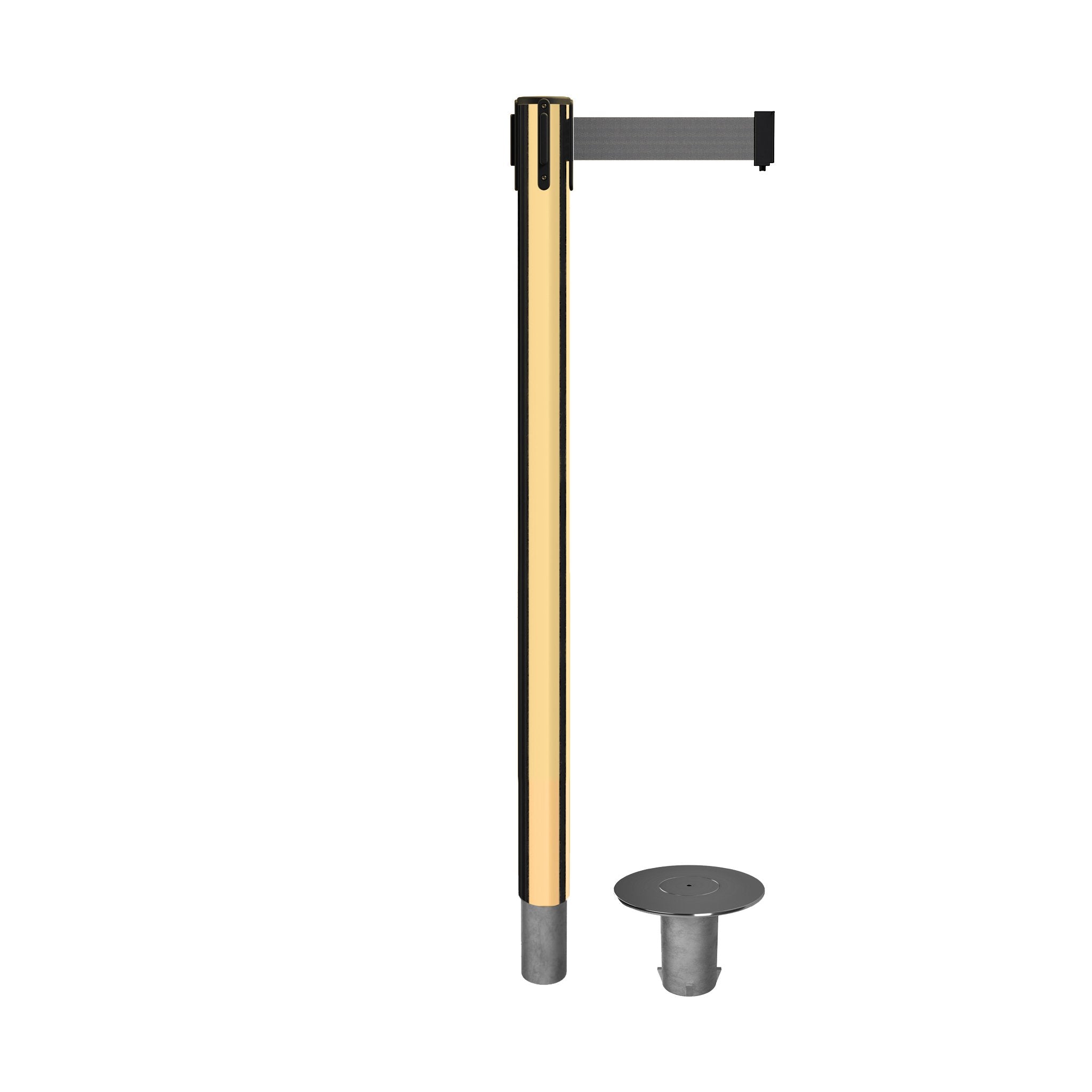 Retractable Belt Barrier Stanchion, Removable Base, Polished Brass Post, 11 Ft. Belt - Montour Line MX630R - Crowd Control Warehouse