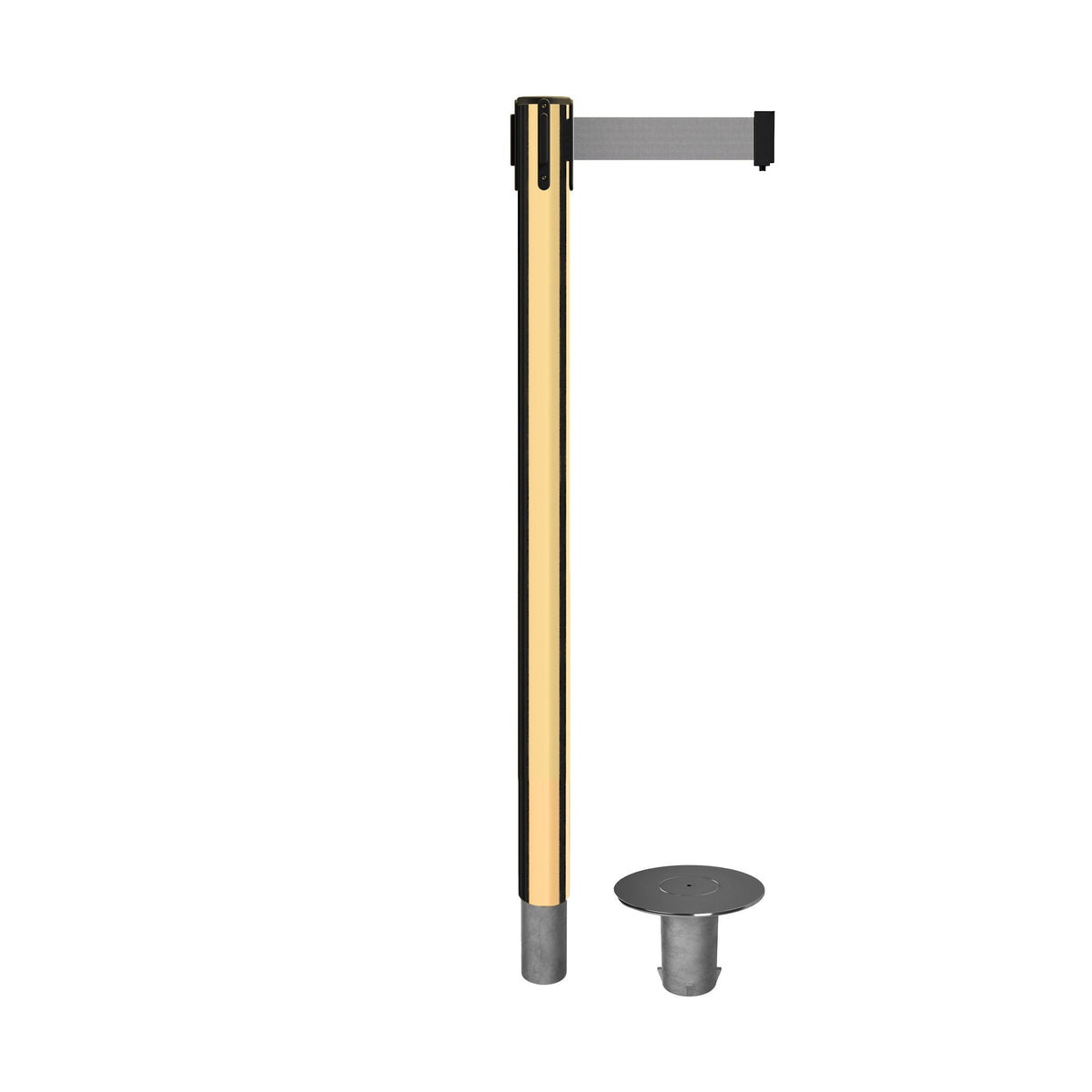 Retractable Belt Barrier Stanchion, Removable Base, Polished Brass Post, 11 Ft. Belt - Montour Line MX630R - Crowd Control Warehouse