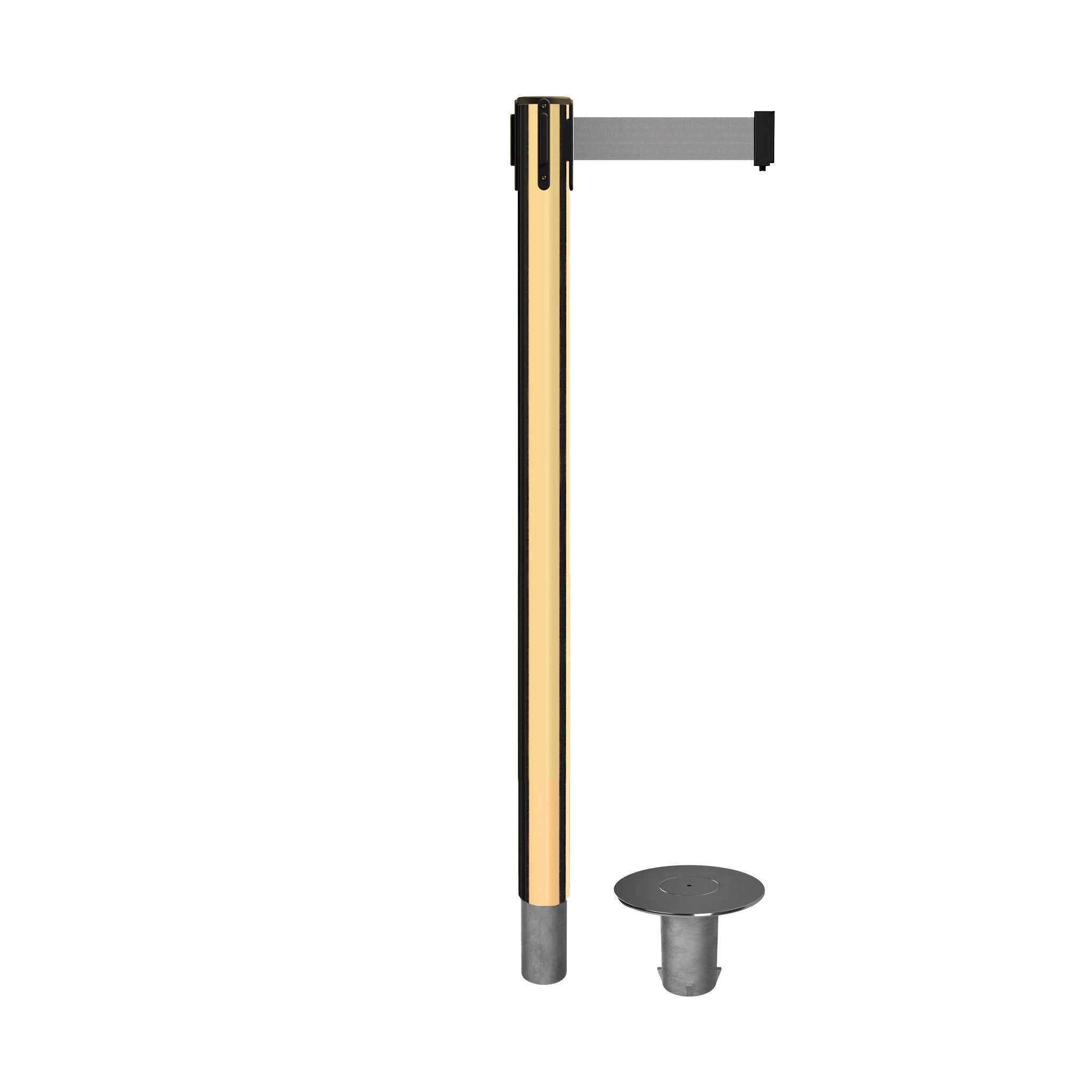 Retractable Belt Barrier Stanchion, Removable Base, Polished Brass Post, 11 Ft. Belt - Montour Line MX630R - Crowd Control Warehouse