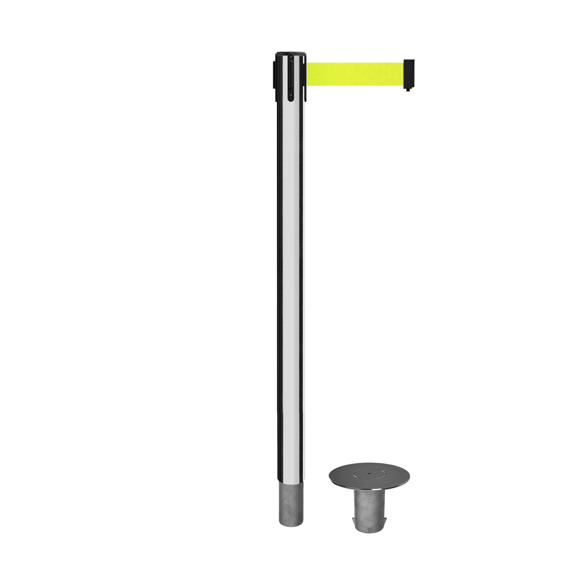 Retractable Belt Barrier Stanchion, Removable Base, Polished Stainless Steel Post, 11 Ft. Belt - Montour Line MX630R - Crowd Control Warehouse