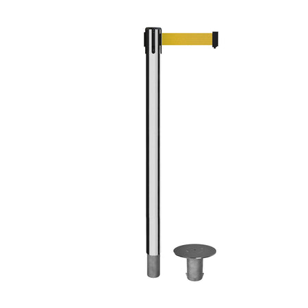 Retractable Belt Barrier Stanchion, Removable Base, Polished Stainless Steel Post, 11 Ft. Belt - Montour Line MX630R - Crowd Control Warehouse