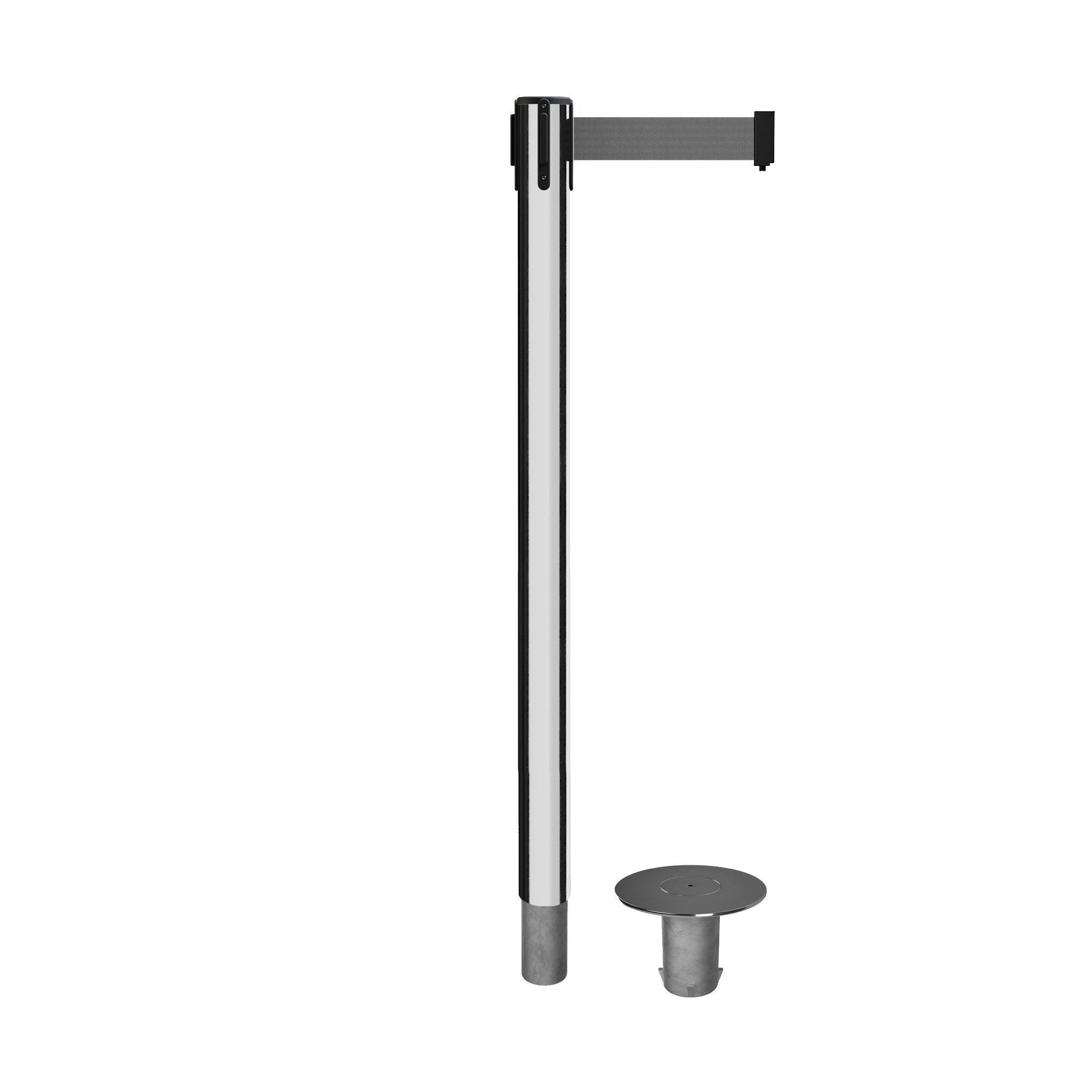 Retractable Belt Barrier Stanchion, Removable Base, Polished Stainless Steel Post, 11 Ft. Belt - Montour Line MX630R - Crowd Control Warehouse