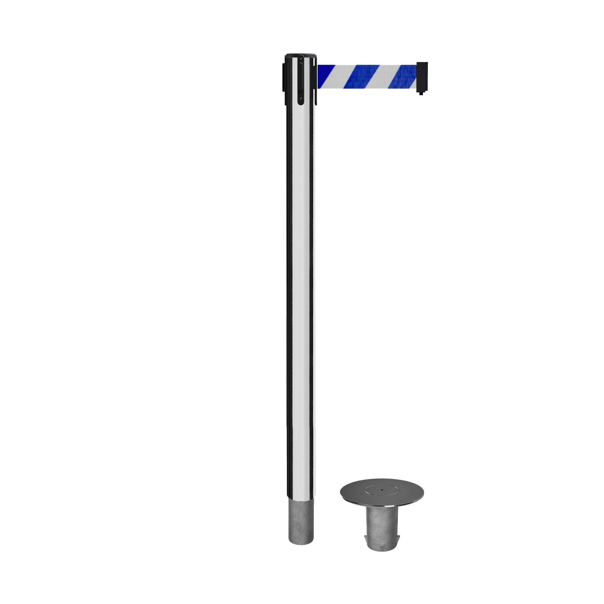 Retractable Belt Barrier Stanchion, Removable Base, Polished Stainless Steel Post, 11 Ft. Belt - Montour Line MX630R - Crowd Control Warehouse