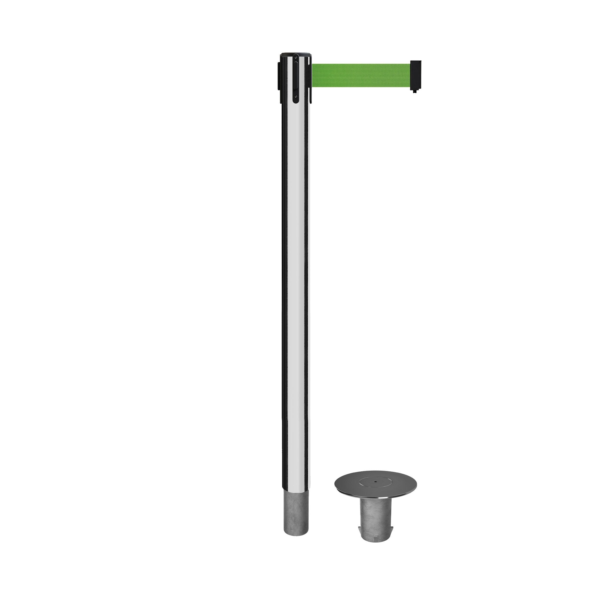 Retractable Belt Barrier Stanchion, Removable Base, Polished Stainless Steel Post, 11 Ft. Belt - Montour Line MX630R - Crowd Control Warehouse