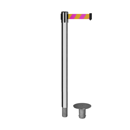 Retractable Belt Barrier Stanchion, Removable Base, Polished Stainless Steel Post, 11 Ft. Belt - Montour Line MX630R - Crowd Control Warehouse
