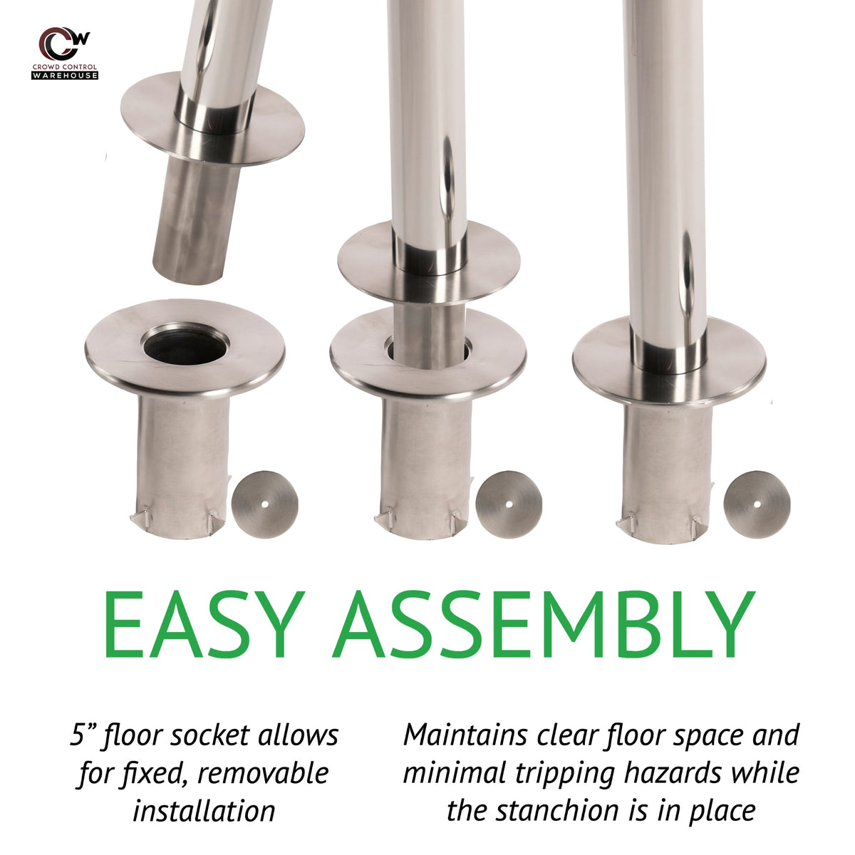 Retractable Belt Barrier Stanchion, Removable Base, Polished Stainless Steel Post, 11 Ft. Belt - Montour Line MX630R - Crowd Control Warehouse