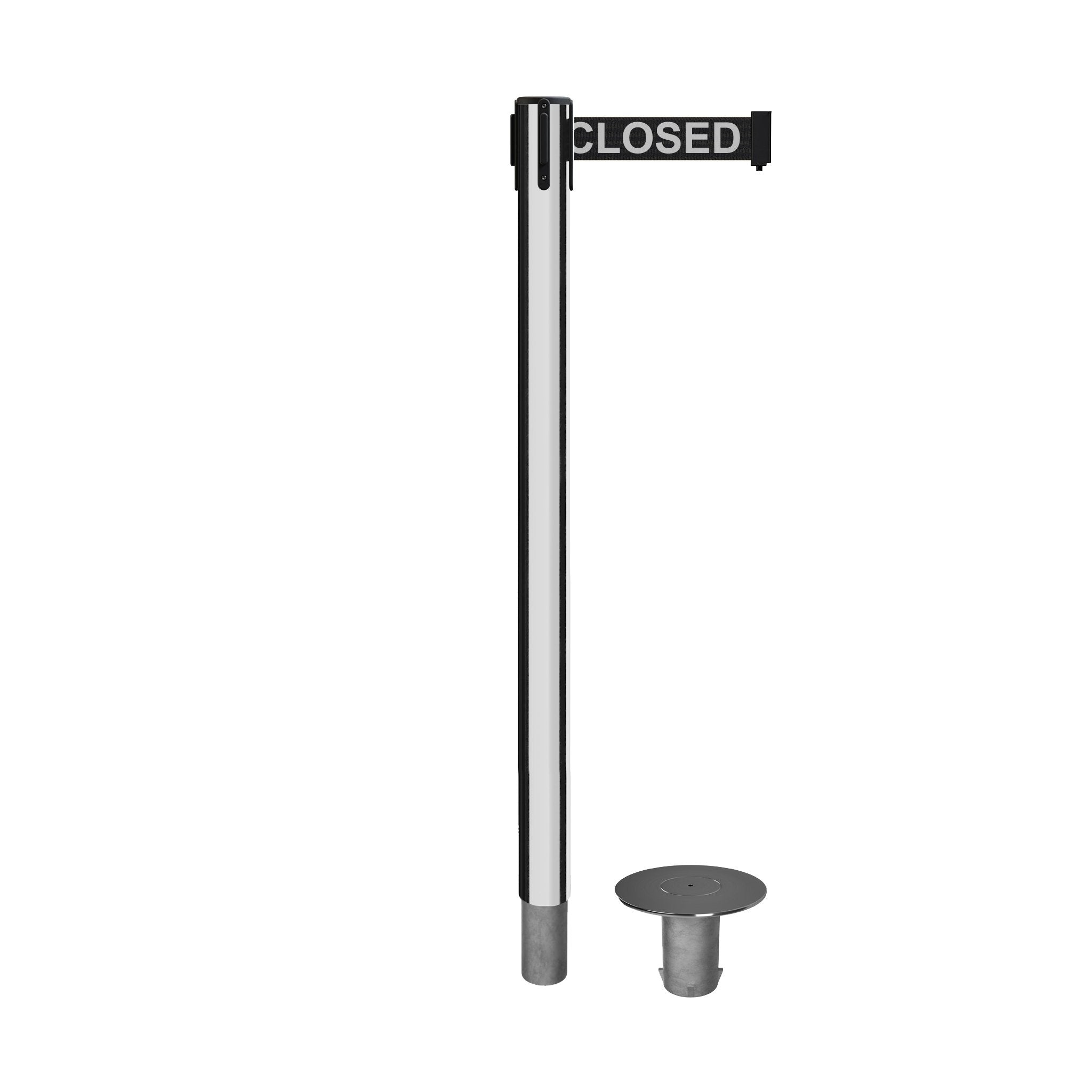 Retractable Belt Barrier Stanchion, Removable Base, Polished Stainless Steel Post, 11 Ft. Belt - Montour Line MX630R - Crowd Control Warehouse