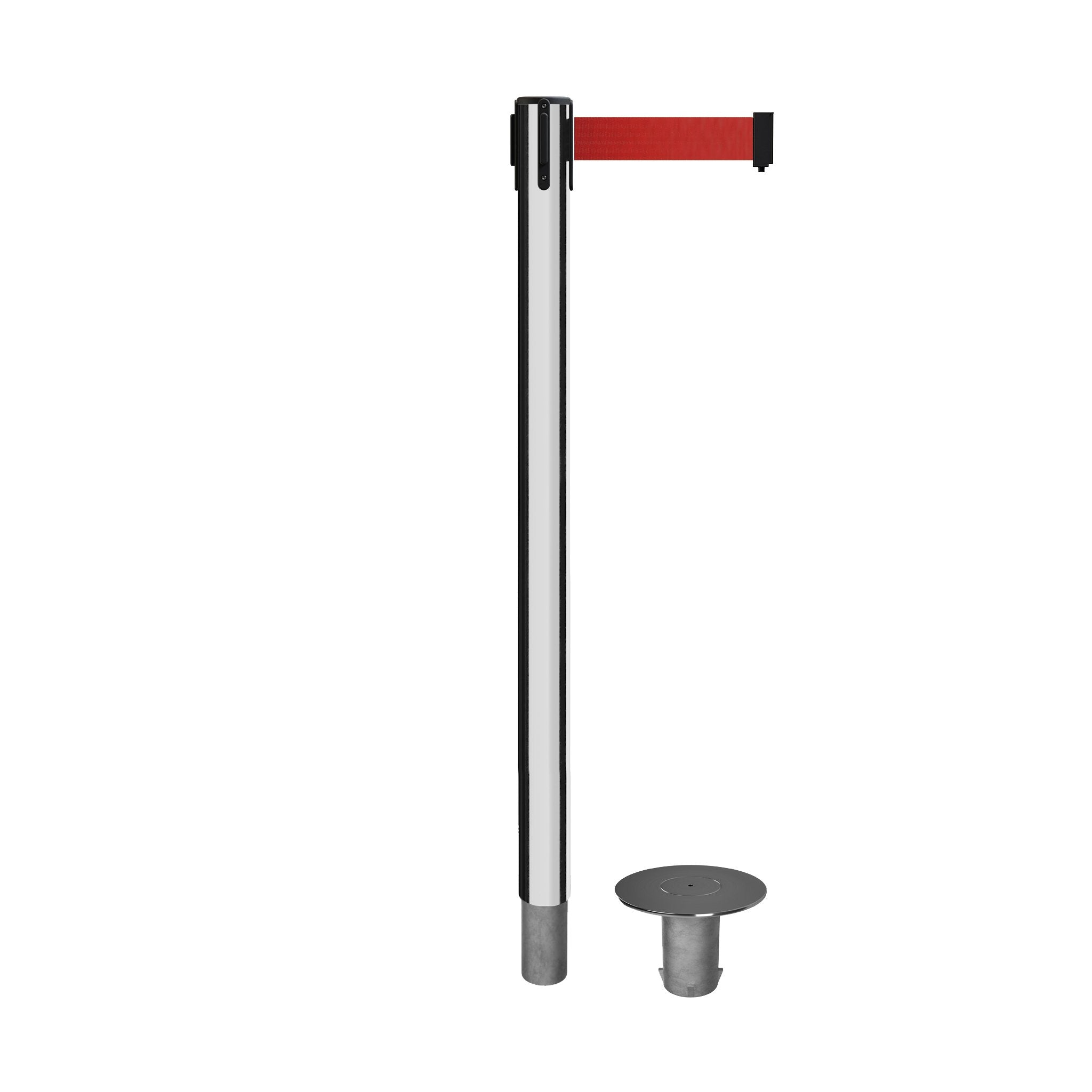 Retractable Belt Barrier Stanchion, Removable Base, Polished Stainless Steel Post, 11 Ft. Belt - Montour Line MX630R - Crowd Control Warehouse