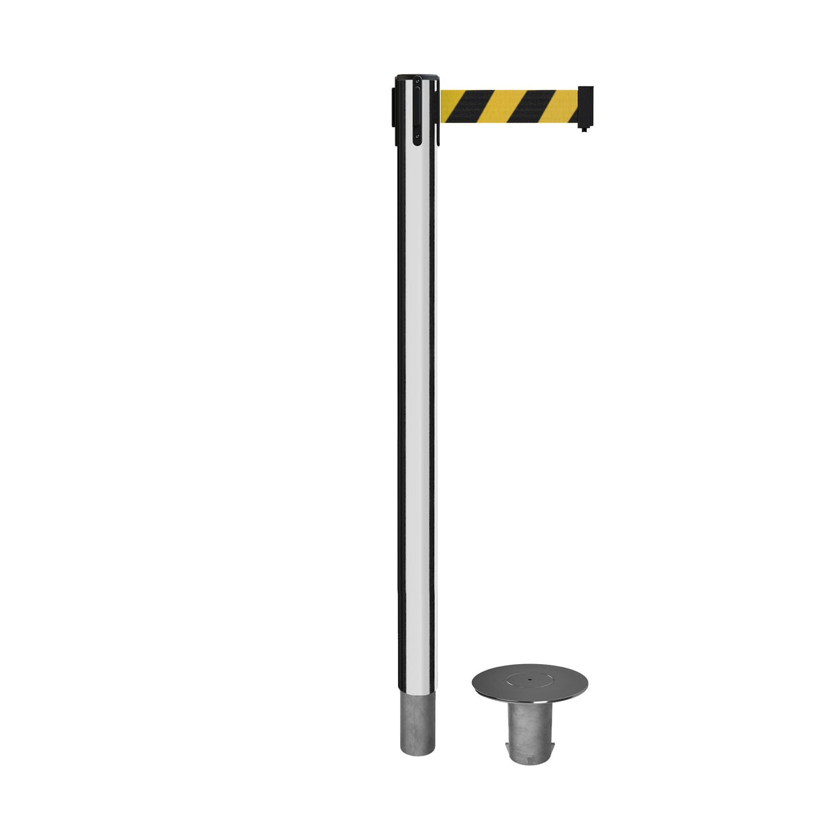 Retractable Belt Barrier Stanchion, Removable Base, Polished Stainless Steel Post, 11 Ft. Belt - Montour Line MX630R - Crowd Control Warehouse