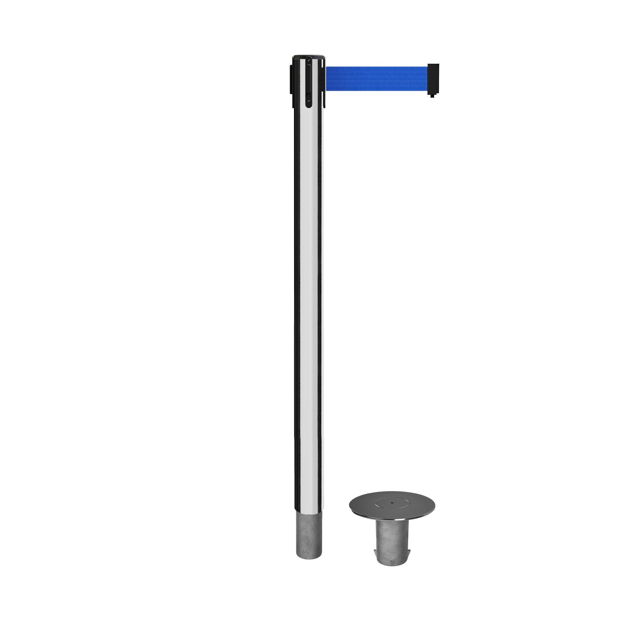 Retractable Belt Barrier Stanchion, Removable Base, Polished Stainless Steel Post, 11 Ft. Belt - Montour Line MX630R - Crowd Control Warehouse